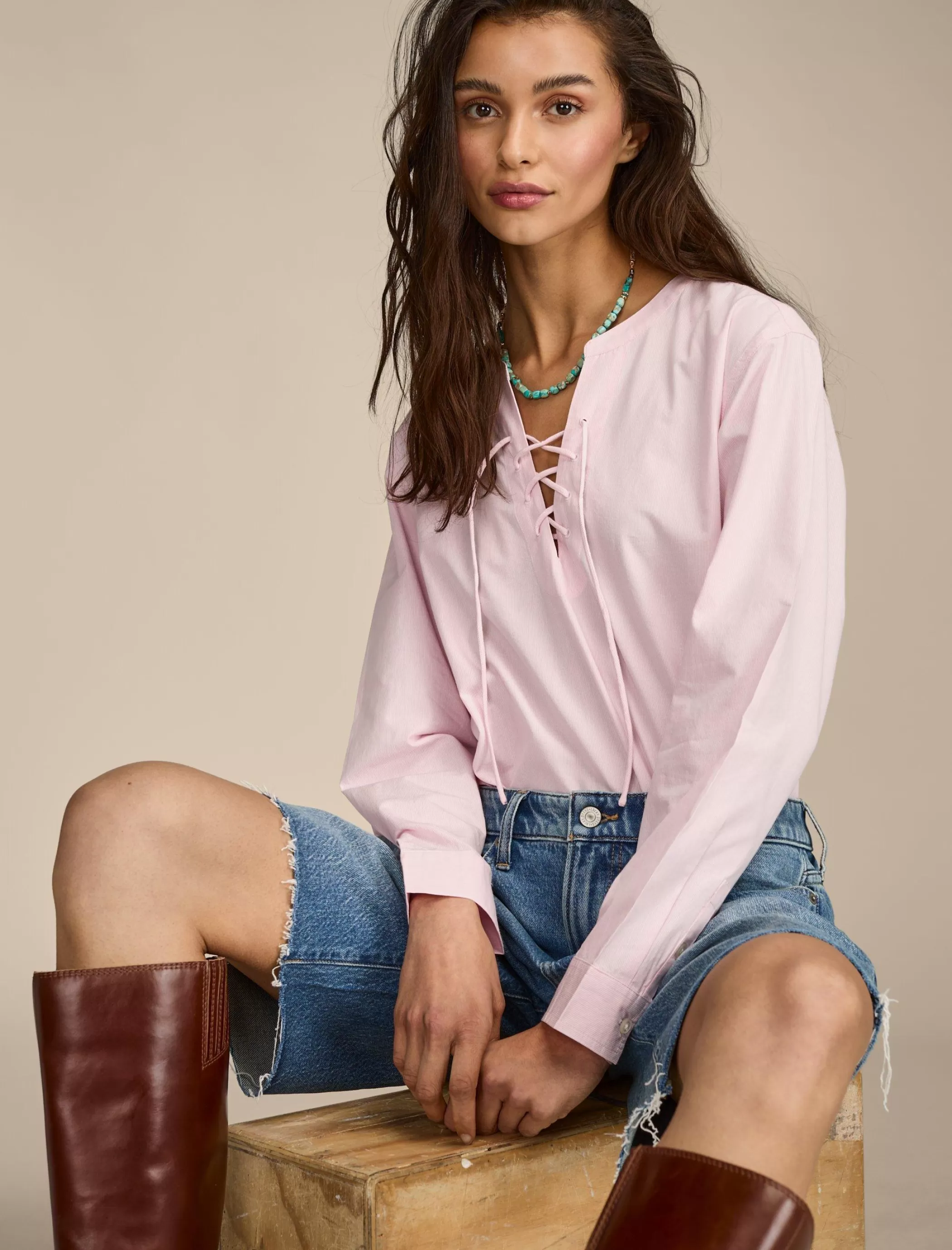 Lucky Brand Blouses*lace up boyfriend shirt pink stripe