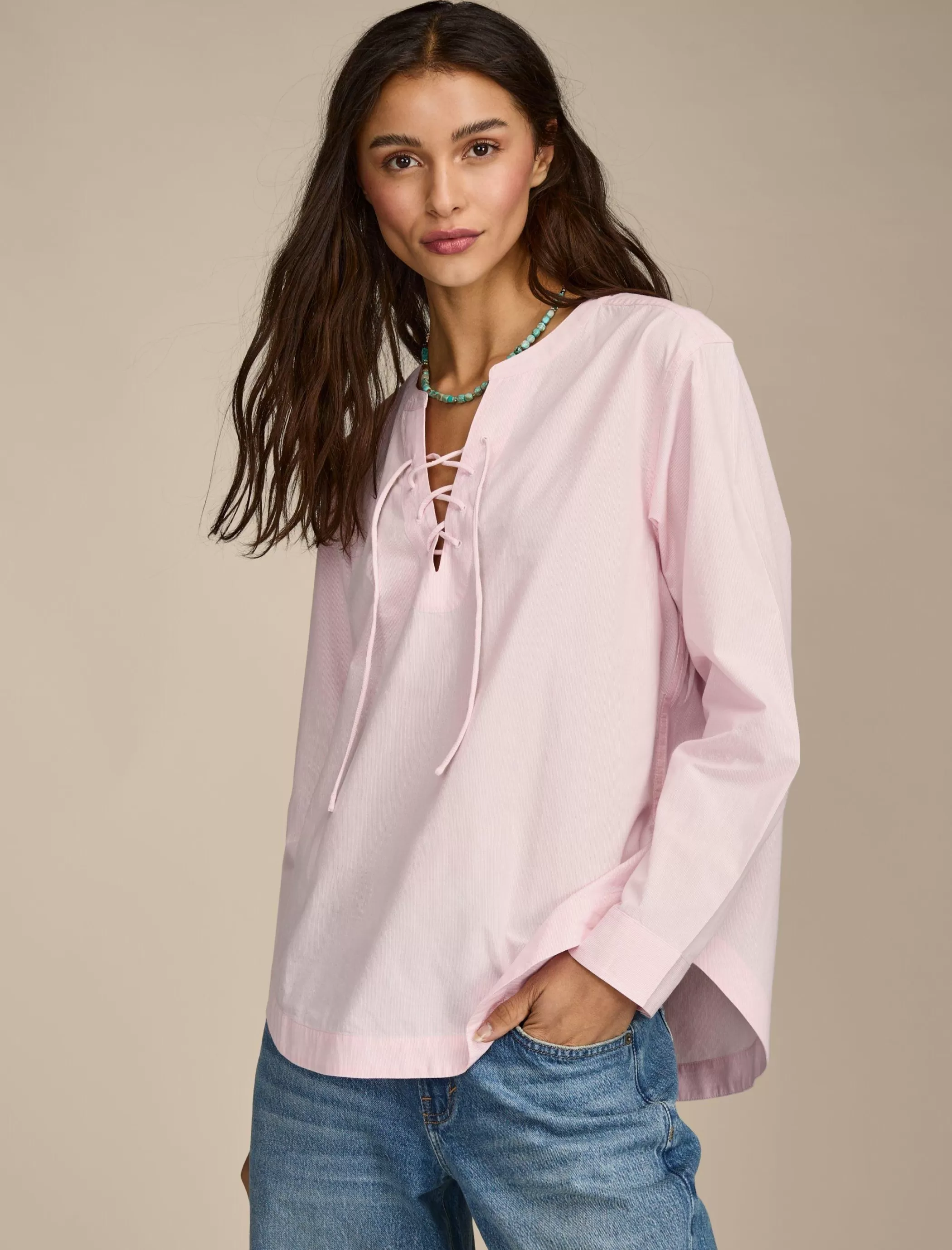 Lucky Brand Blouses*lace up boyfriend shirt pink stripe