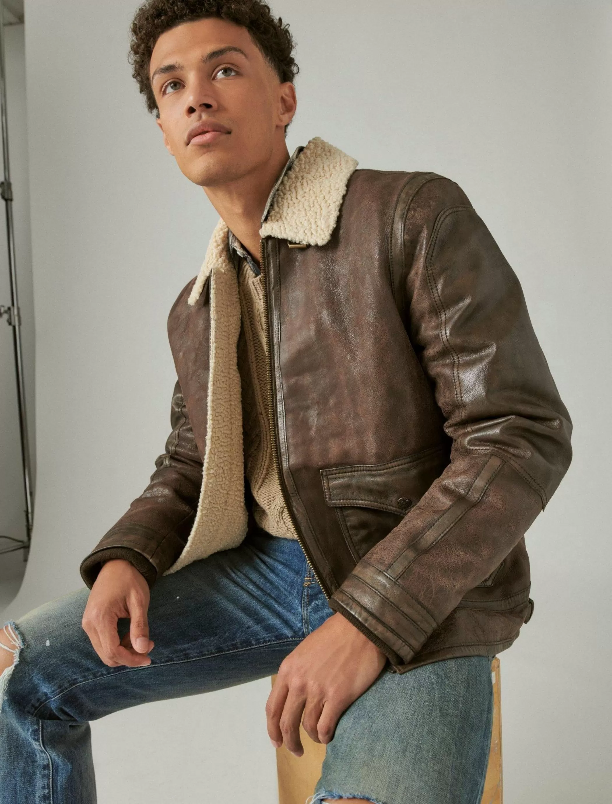 Lucky Brand Jackets & Outerwear*leather aviator jacket with faux shearling collar pinecone