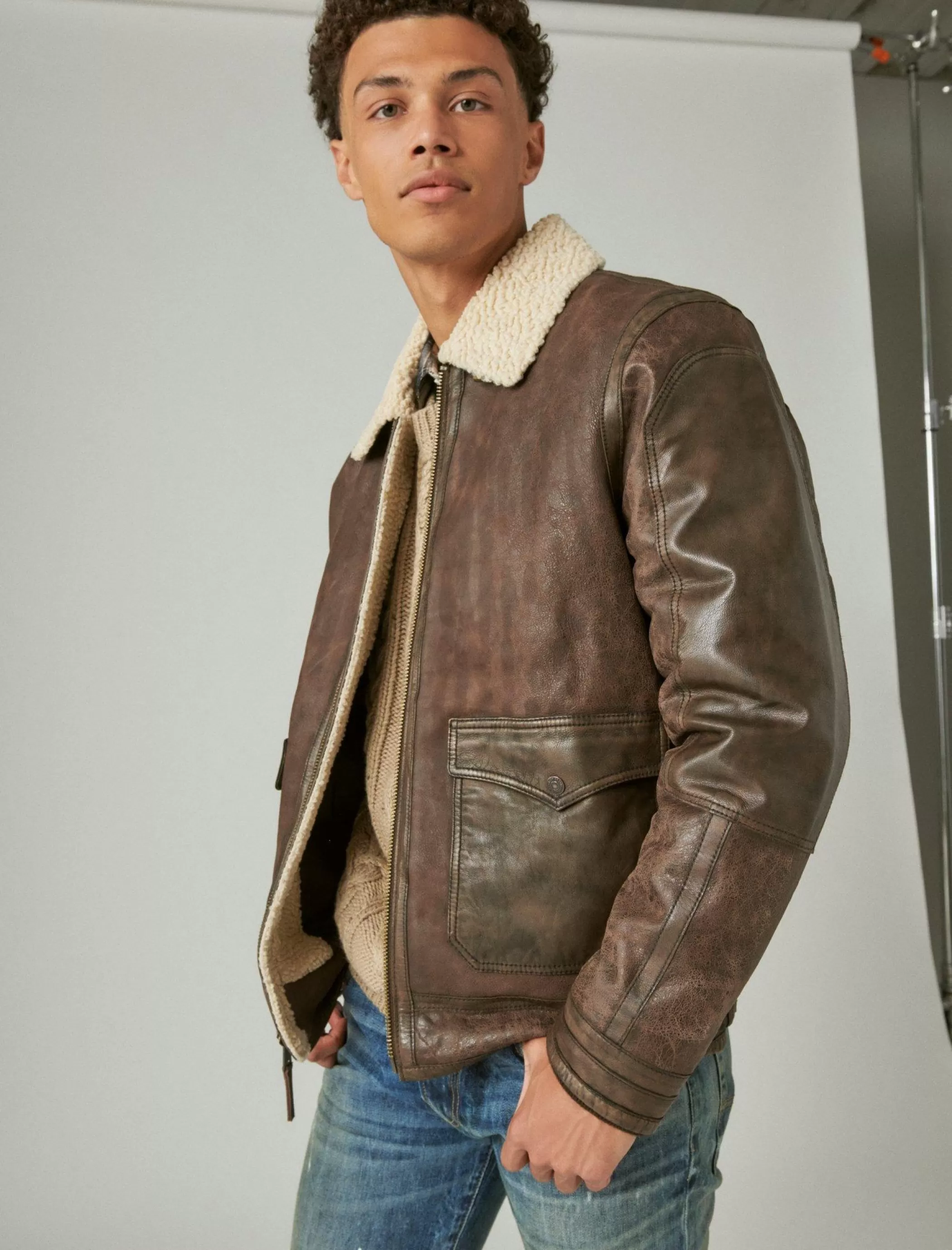 Lucky Brand Jackets & Outerwear*leather aviator jacket with faux shearling collar pinecone