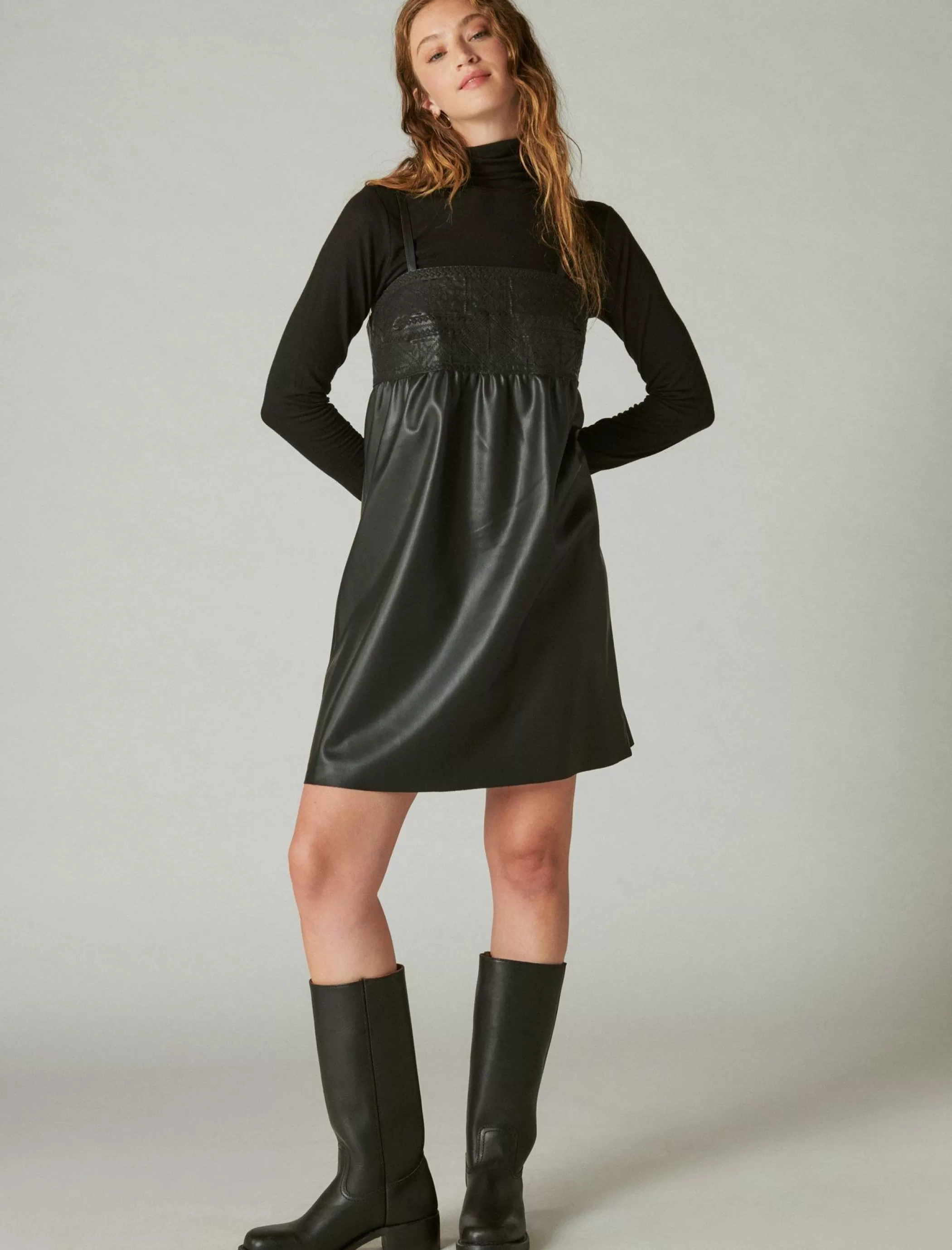 Lucky Brand Dresses*leather embroidered mini dress caviar