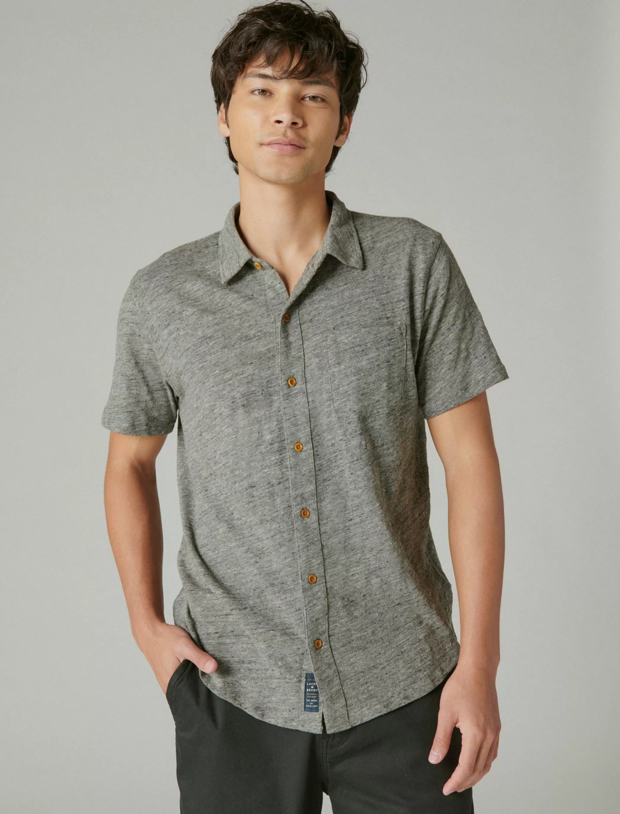 Lucky Brand Button-Downs*linen short sleeve button up shirt heather grey