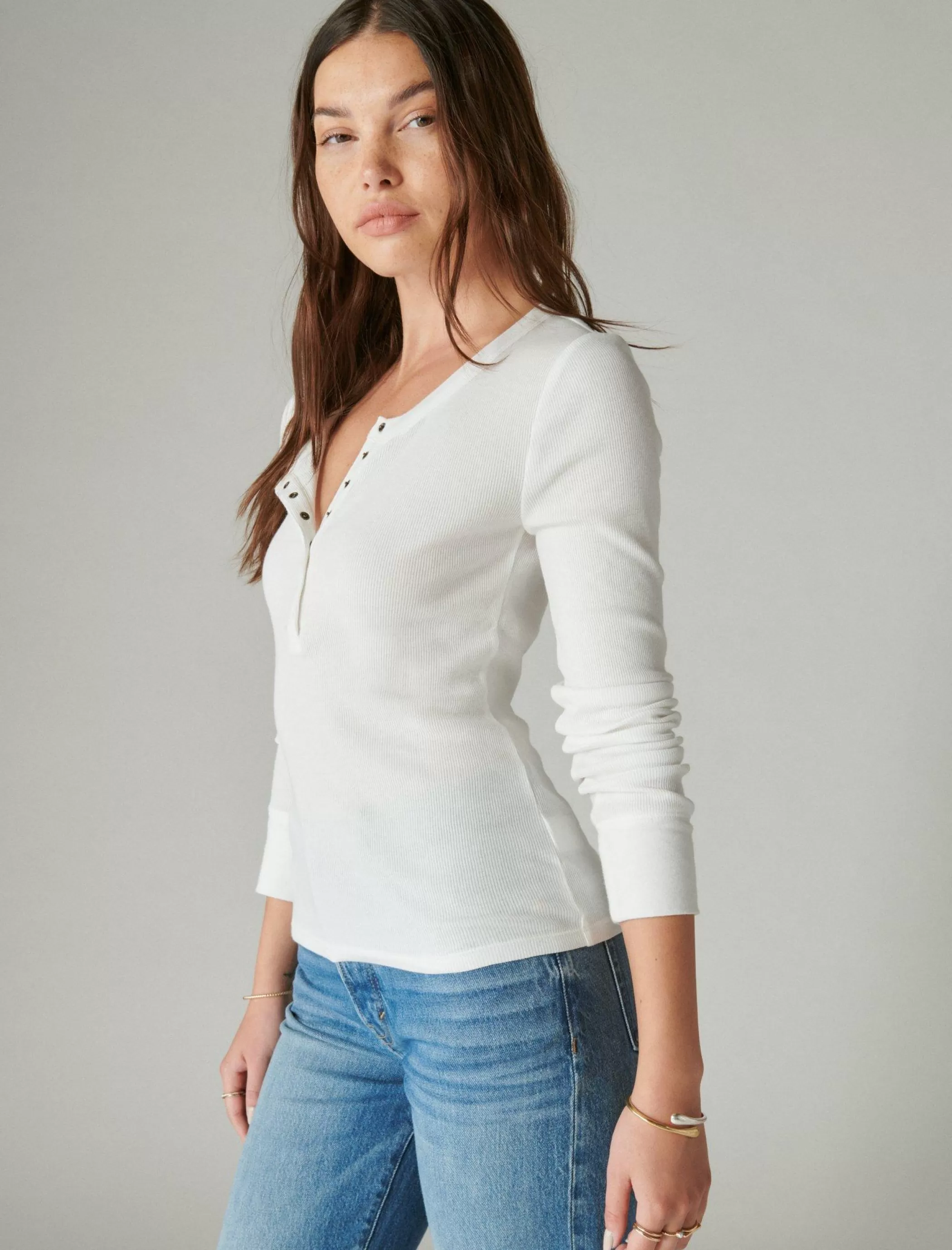 Lucky Brand Knit Tops*long sleeve ribbed snap henley bright white