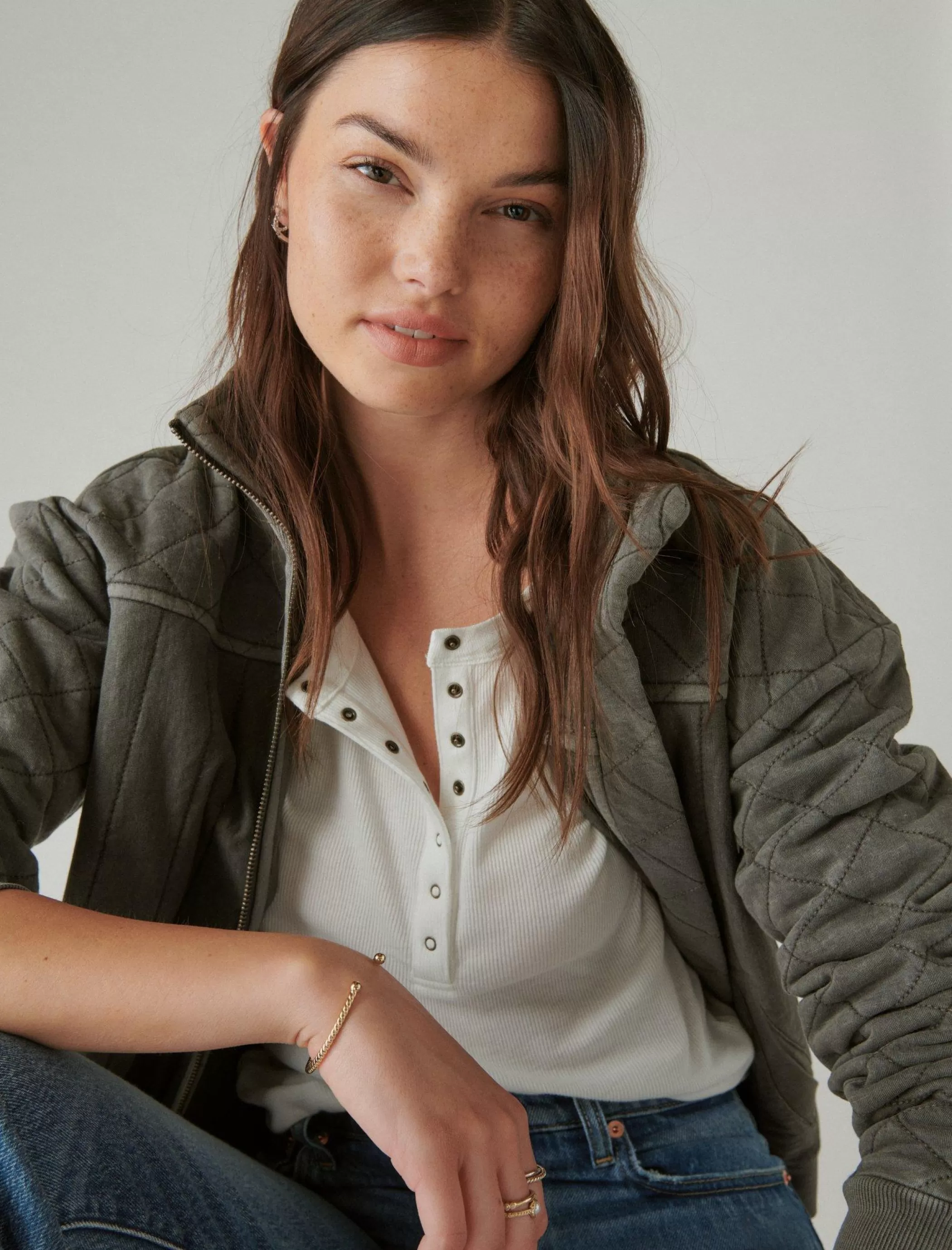 Lucky Brand Knit Tops*long sleeve ribbed snap henley bright white