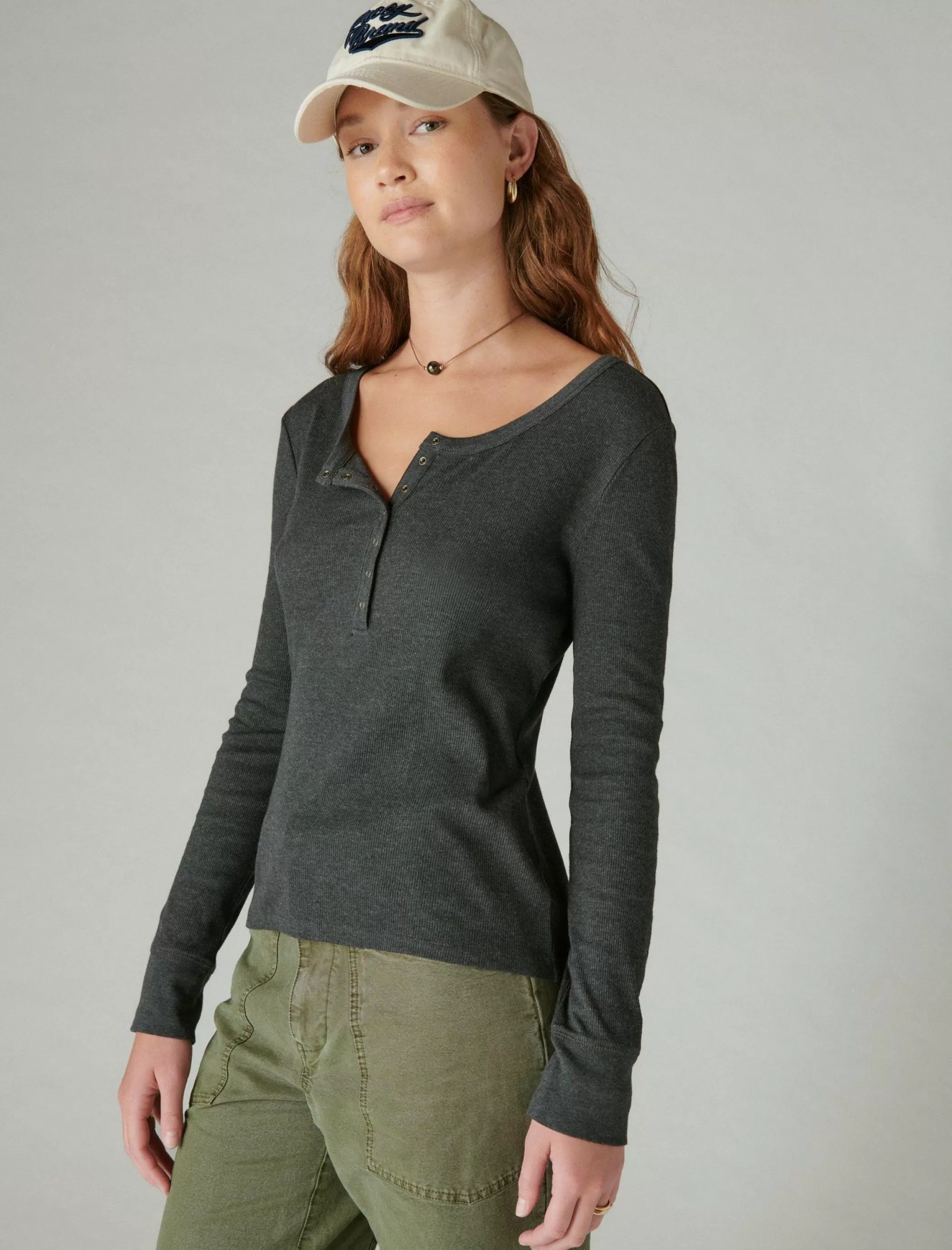 Lucky Brand Knit Tops*long sleeve ribbed snap henley jet black