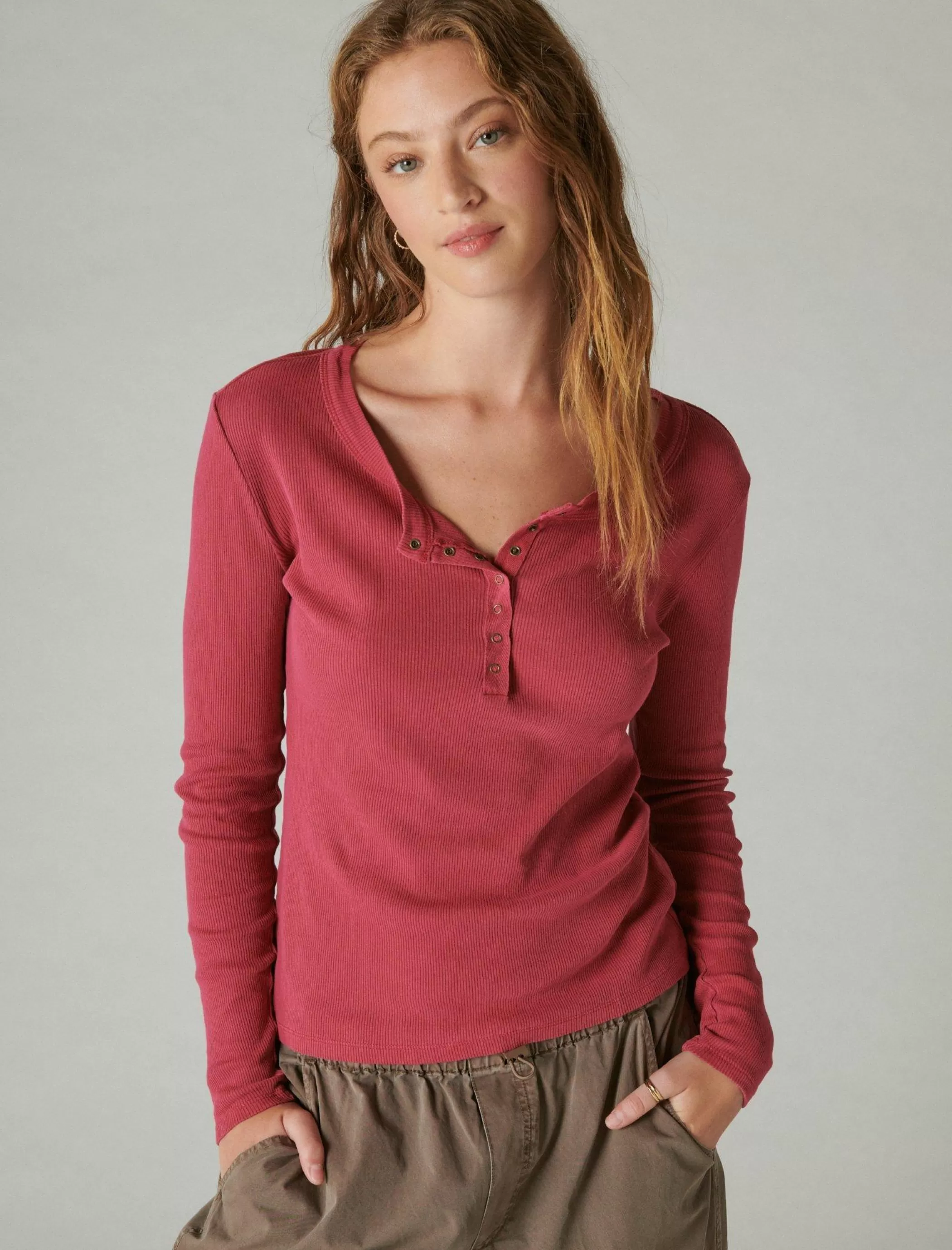 Lucky Brand Knit Tops*long sleeve ribbed snap henley anemone