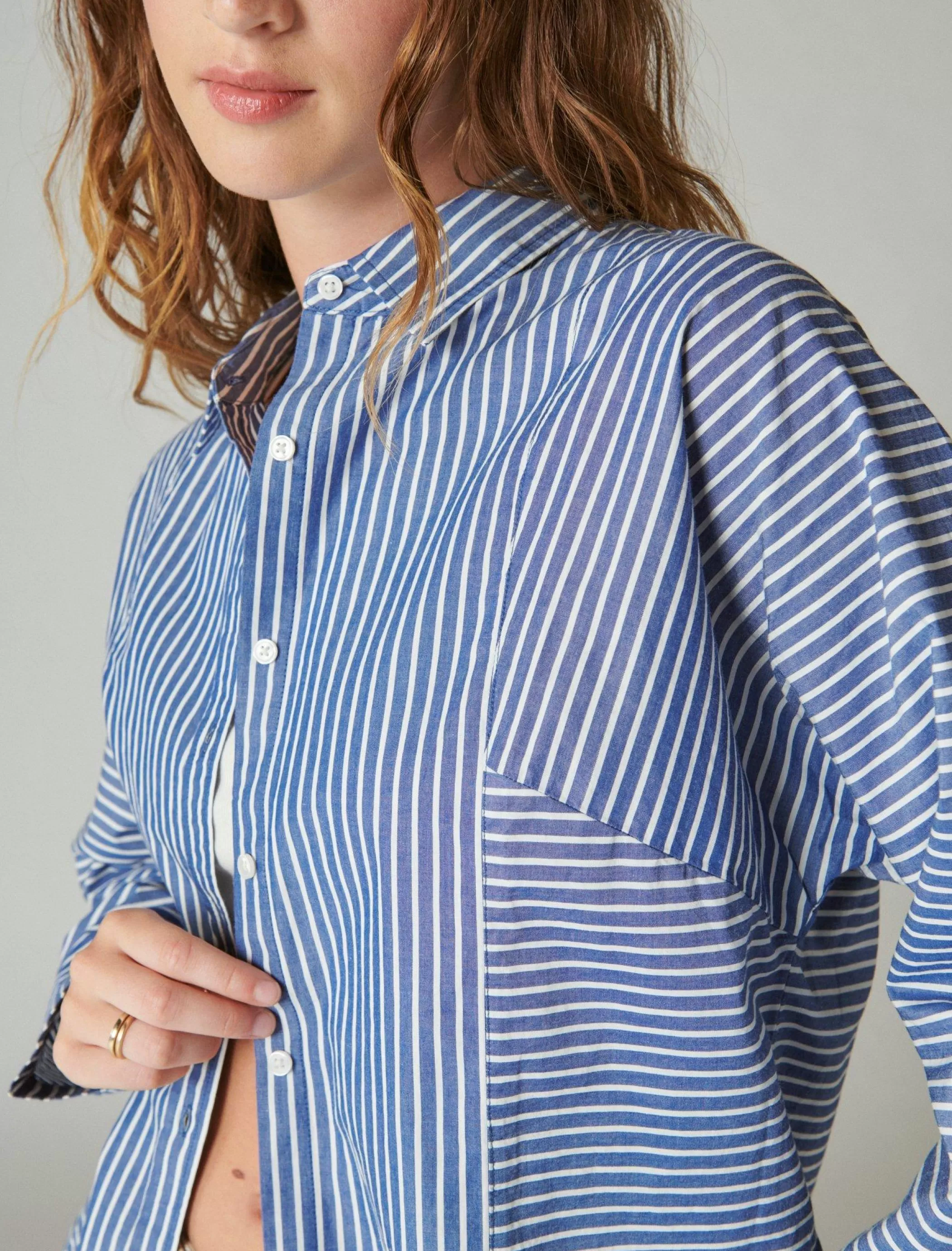 Lucky Brand Blouses*multi stripe oversized seamed shirt sodalite blue stripe