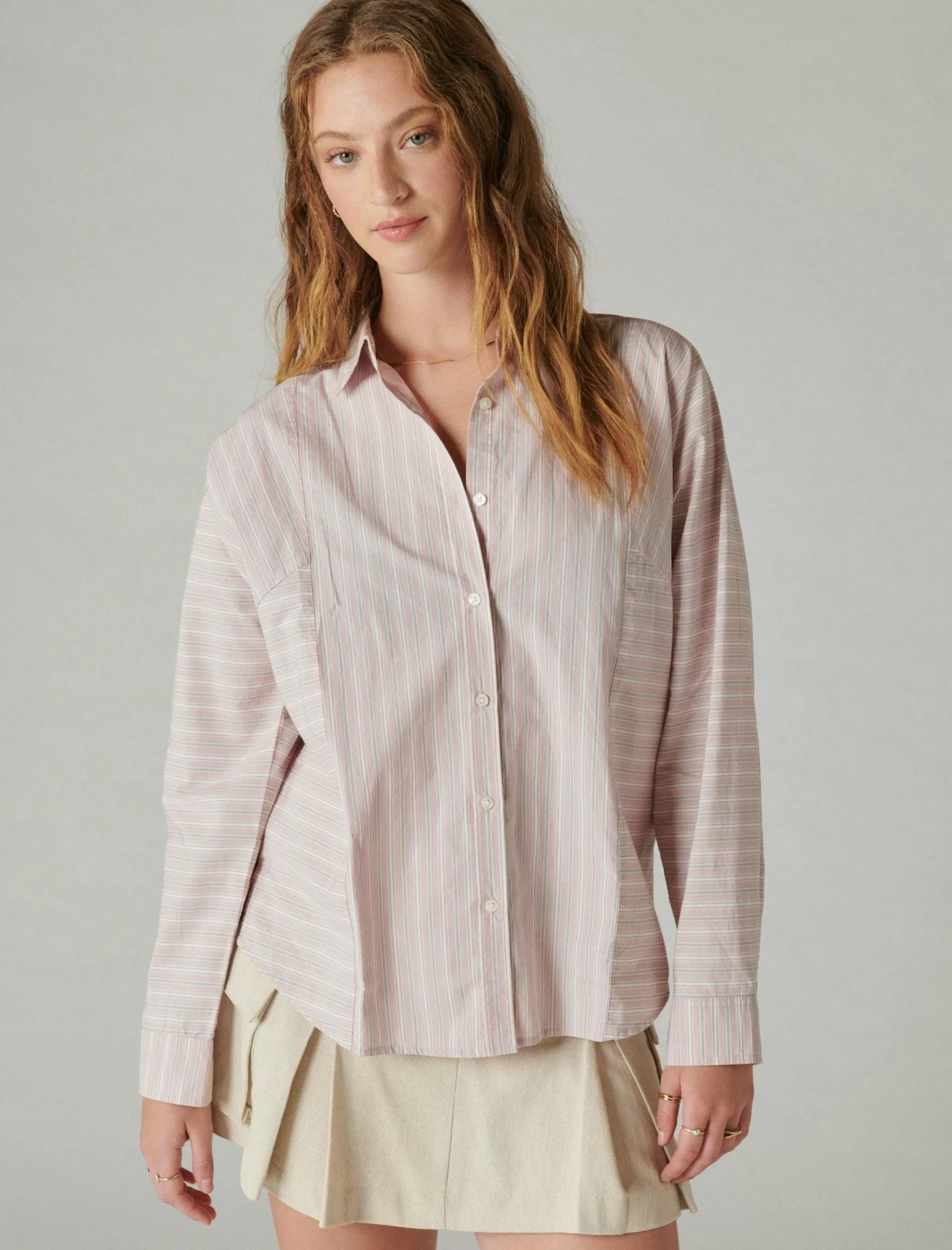 Lucky Brand Blouses*multi stripe oversized seamed shirt dawn pink stripe