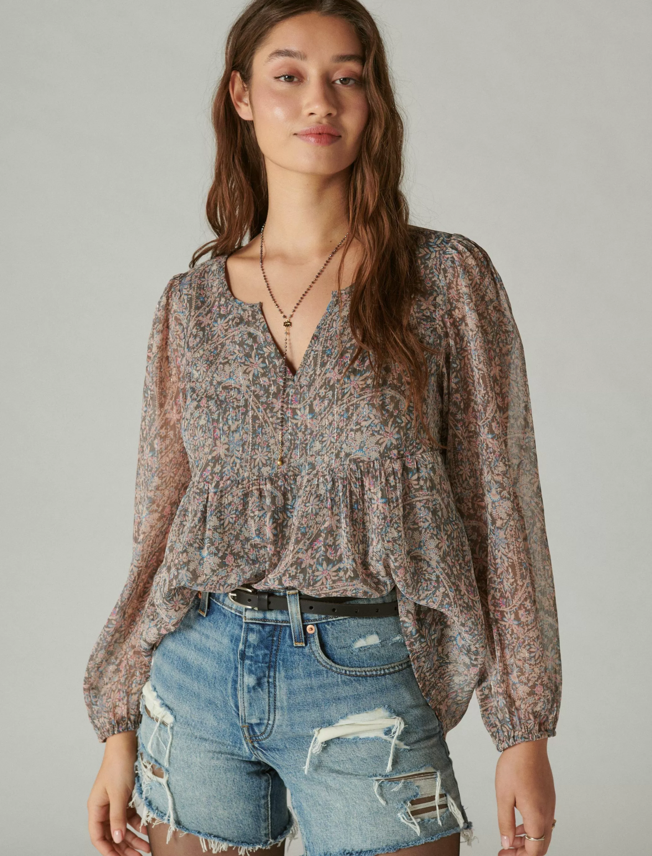 Lucky Brand Blouses*open neck printed peasant top pink multi