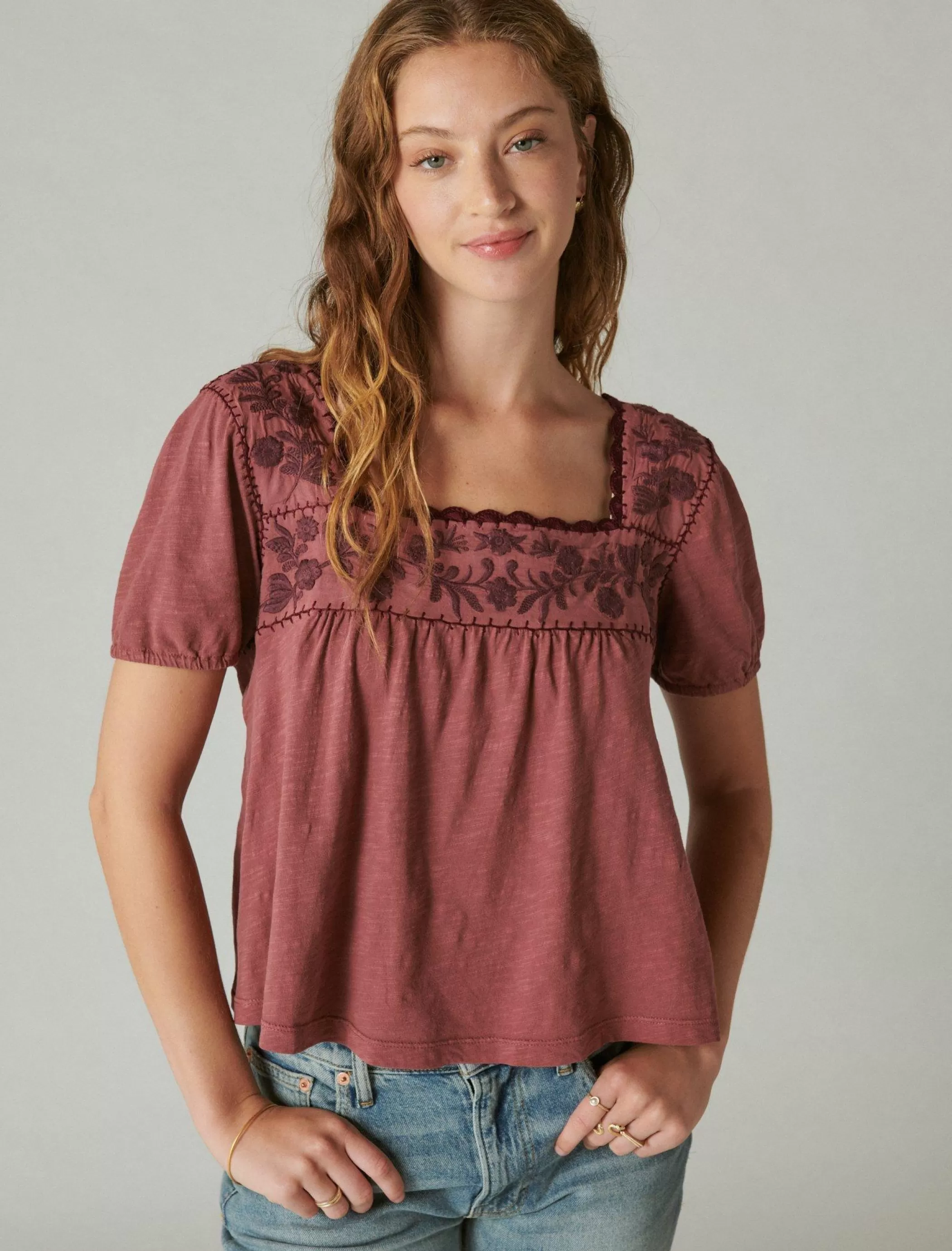 Lucky Brand Blouses*overdyed embroidered peasant top apple butter