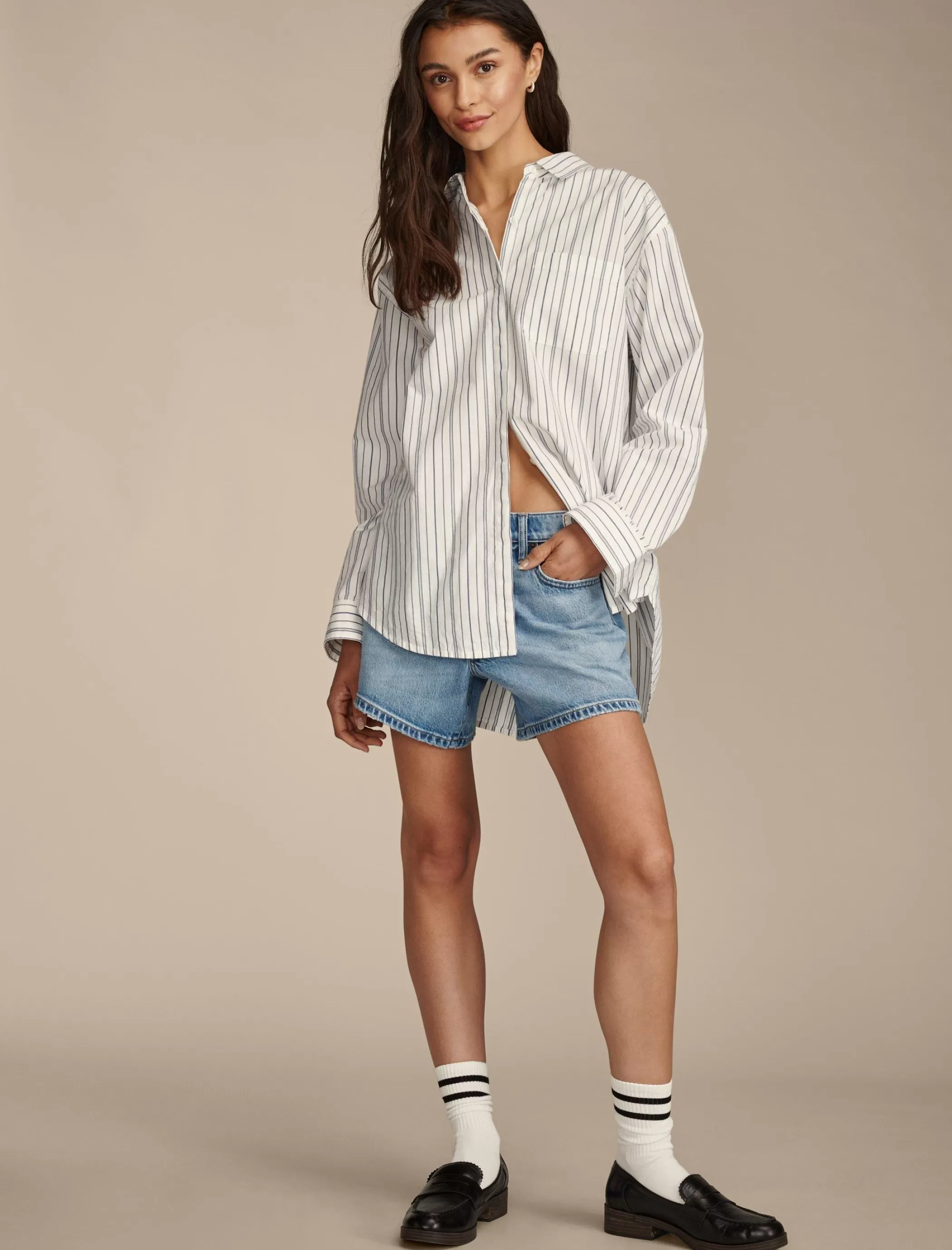 Lucky Brand Blouses*oversized button back top natural/blue stripe