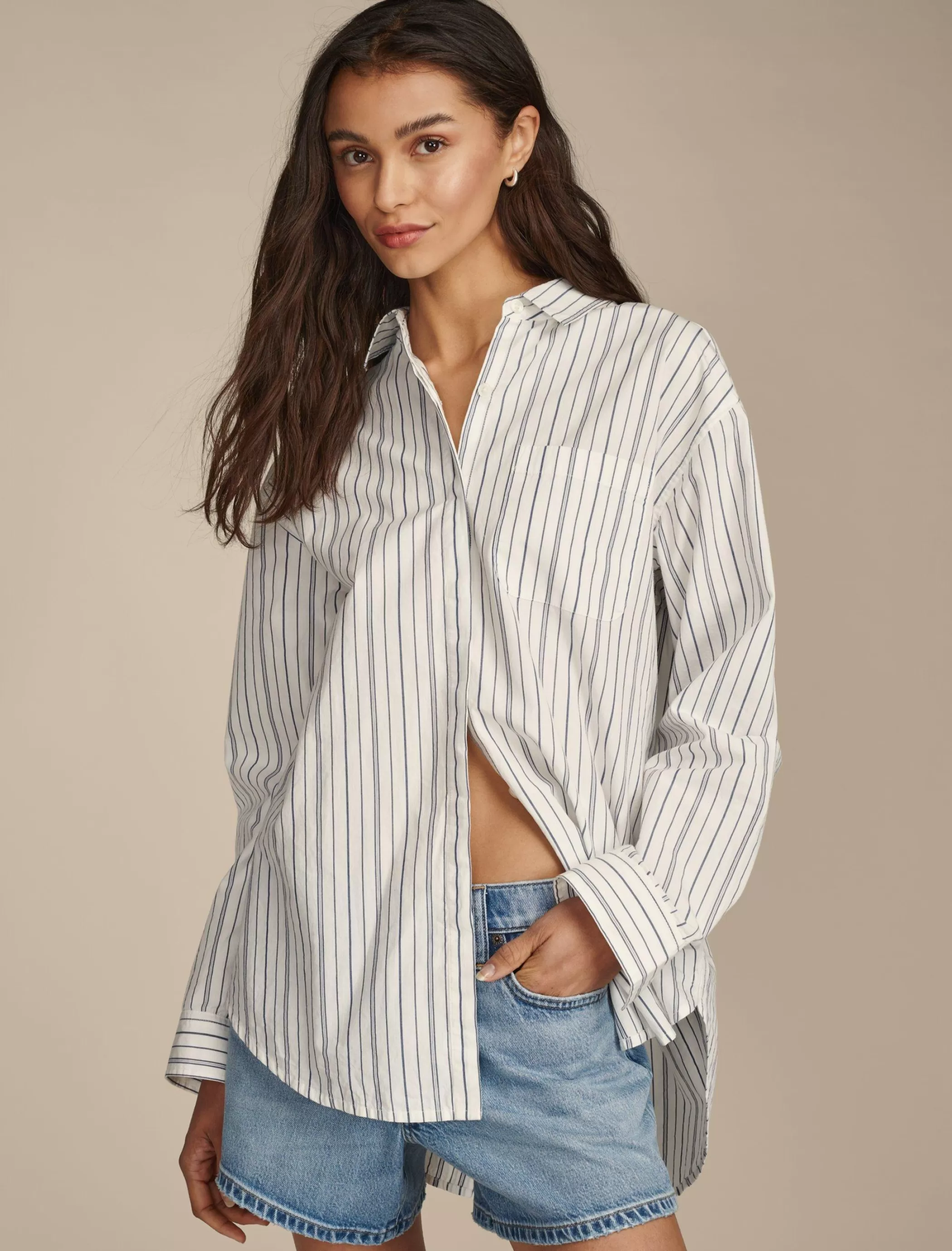 Lucky Brand Blouses*oversized button back top natural/blue stripe