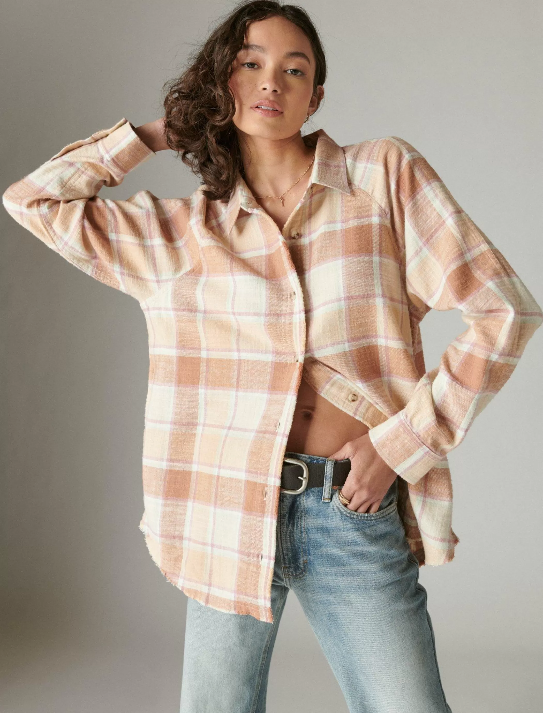 Lucky Brand Blouses*oversized distressed plaid flannel tunic cafe au lait plaid