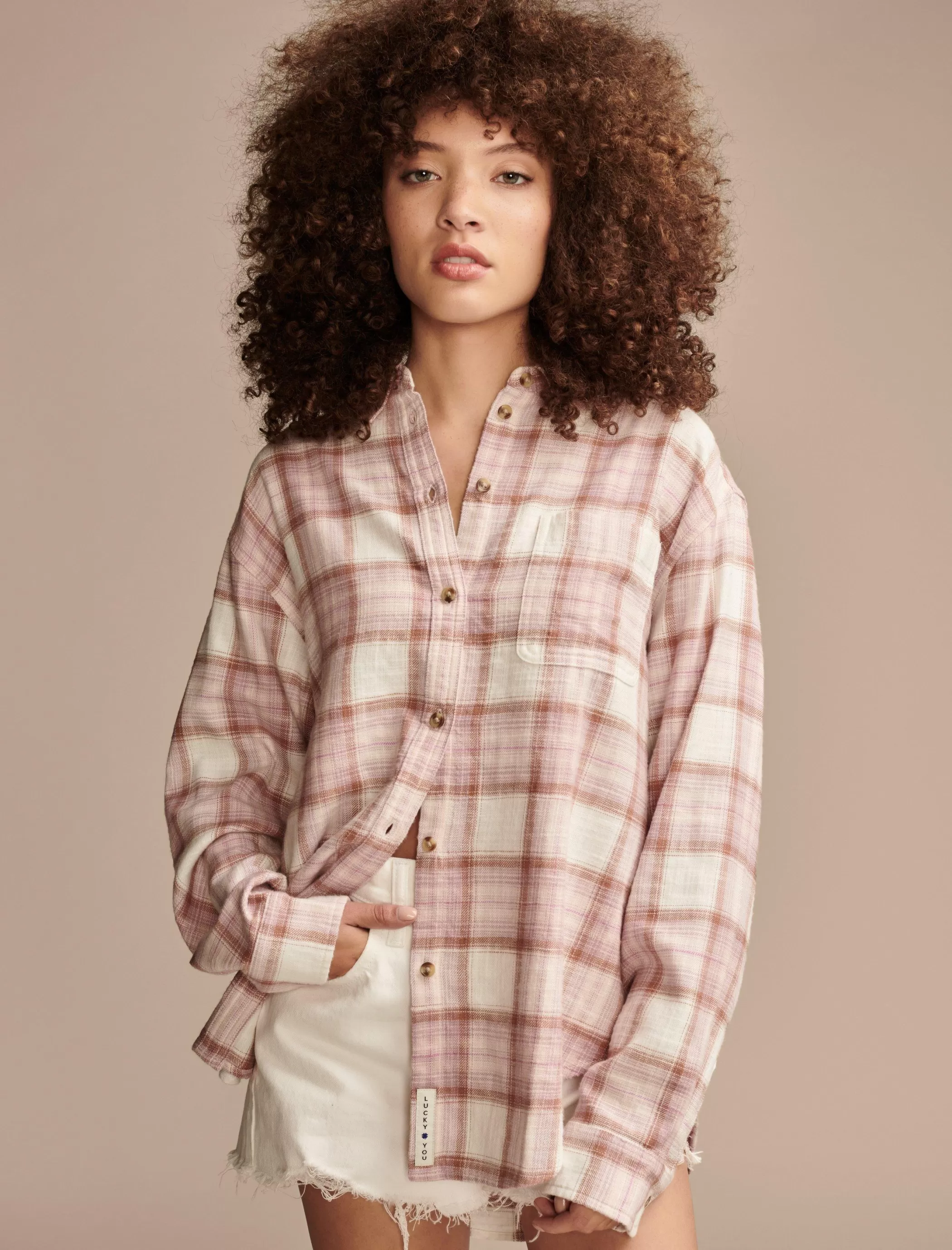 Lucky Brand Blouses*oversized plaid boyfriend pocket shirt sepia rose plaid