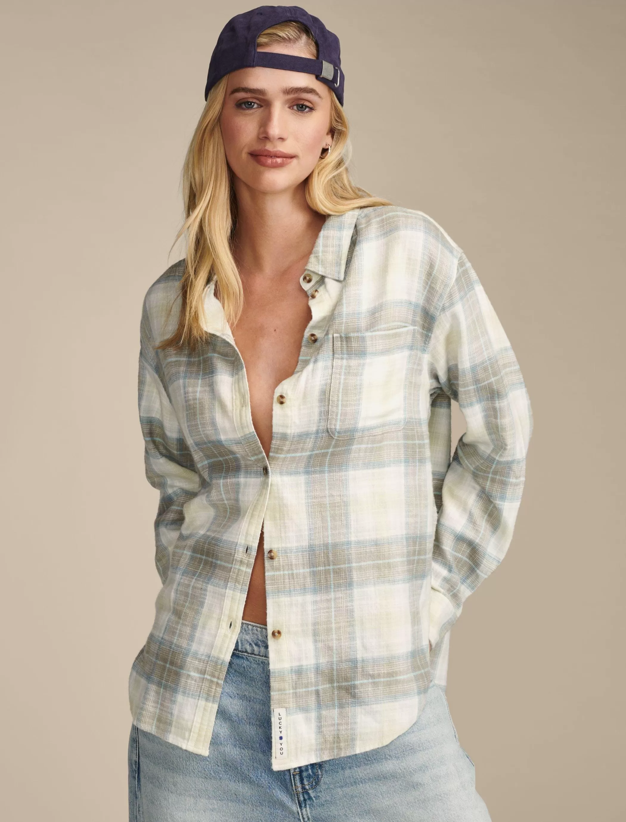 Lucky Brand Blouses*oversized plaid boyfriend pocket shirt olive plaid