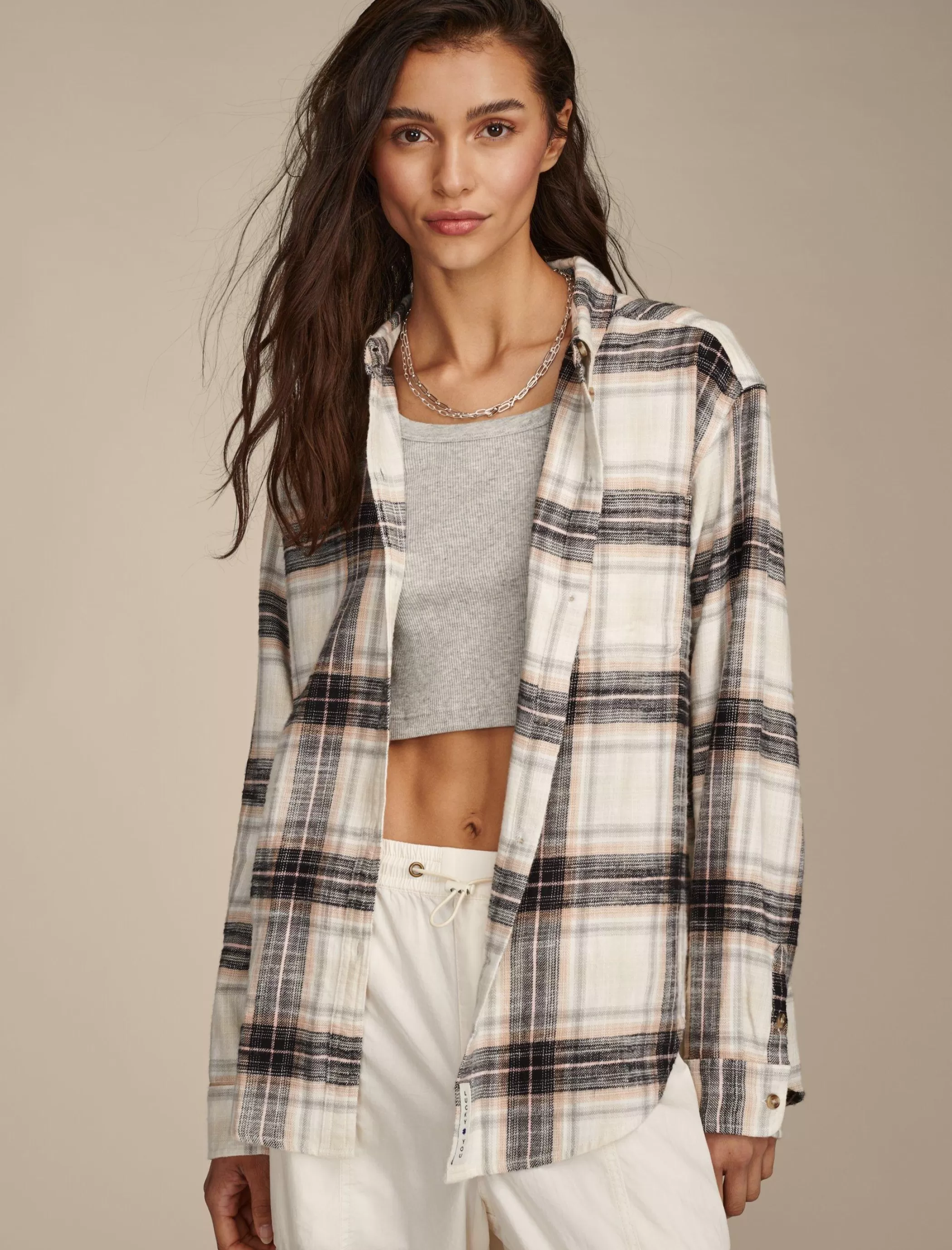 Lucky Brand Blouses*oversized plaid boyfriend pocket shirt black plaid