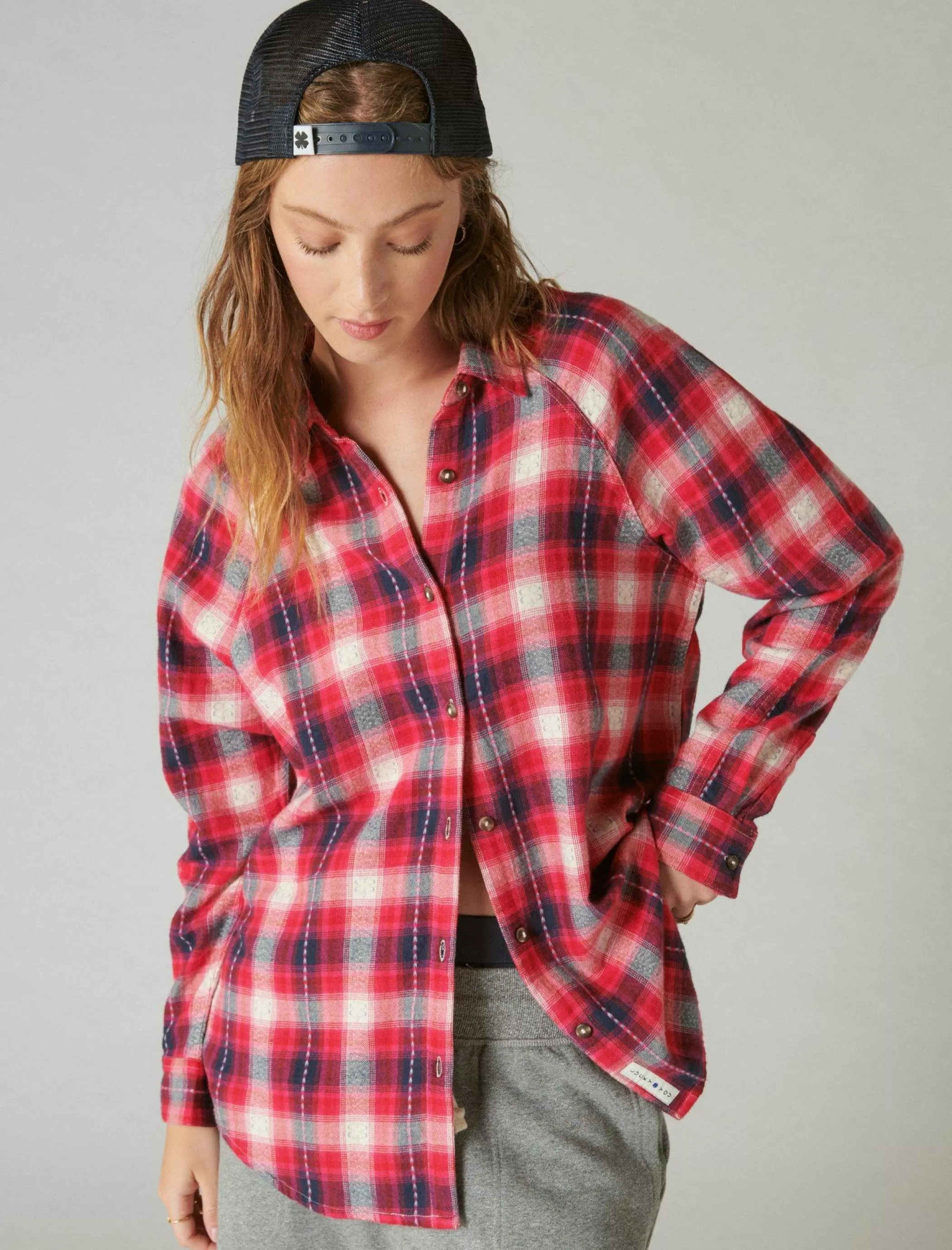 Lucky Brand Blouses*oversized plaid tunic red clover plaid