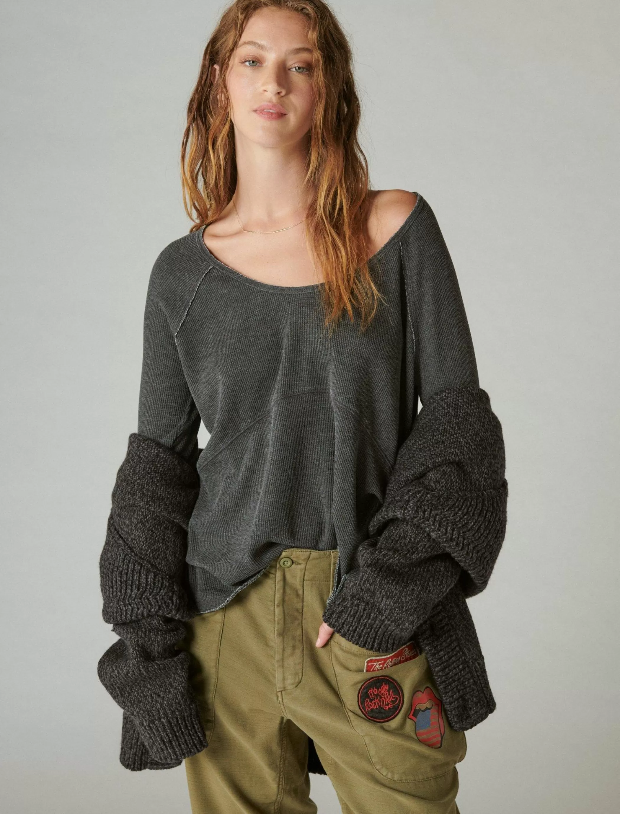 Lucky Brand Knit Tops*oversized v neck waffle thermal jet black