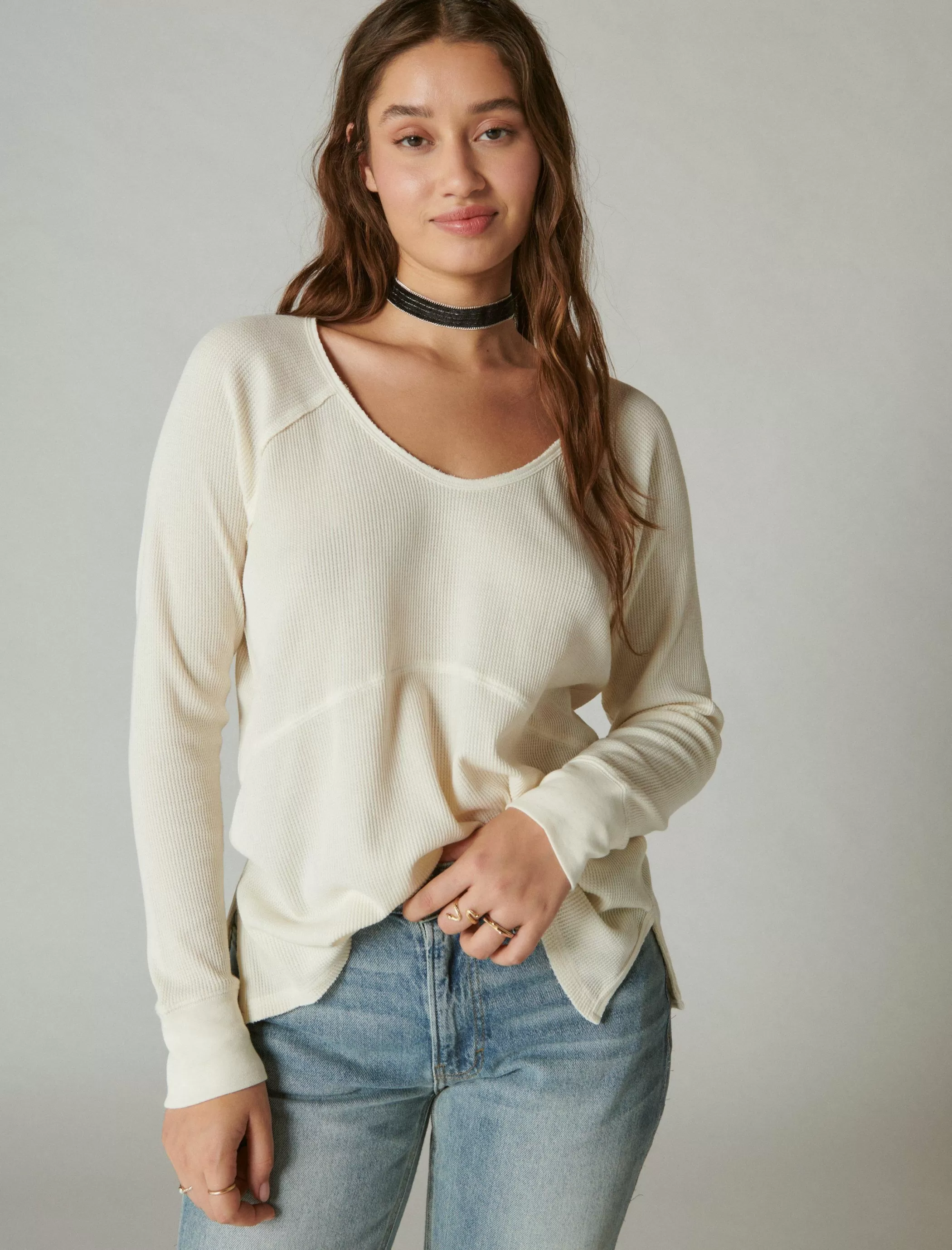 Lucky Brand Knit Tops*oversized v neck waffle thermal egret