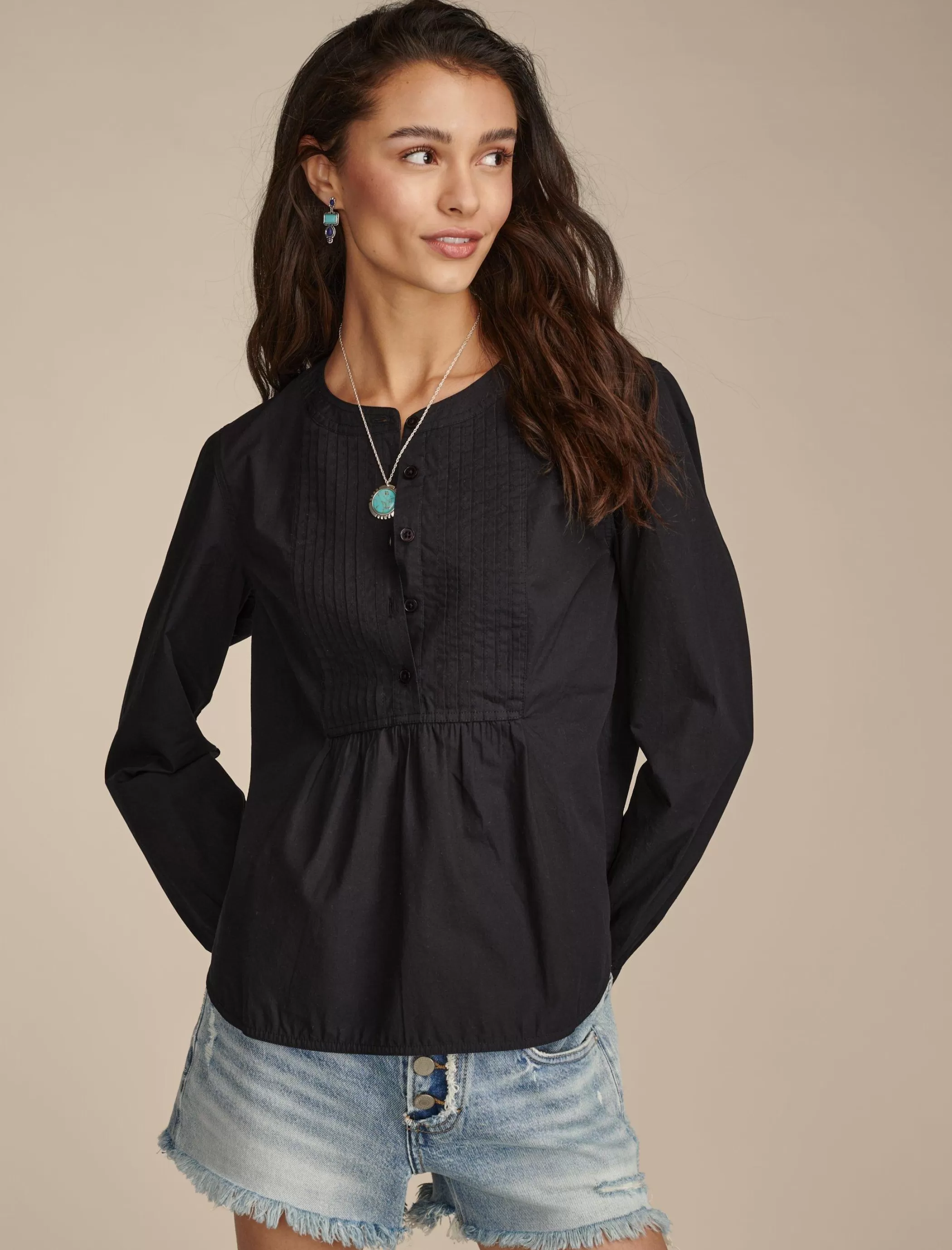 Lucky Brand Blouses*pintuck bib blouse meteorite