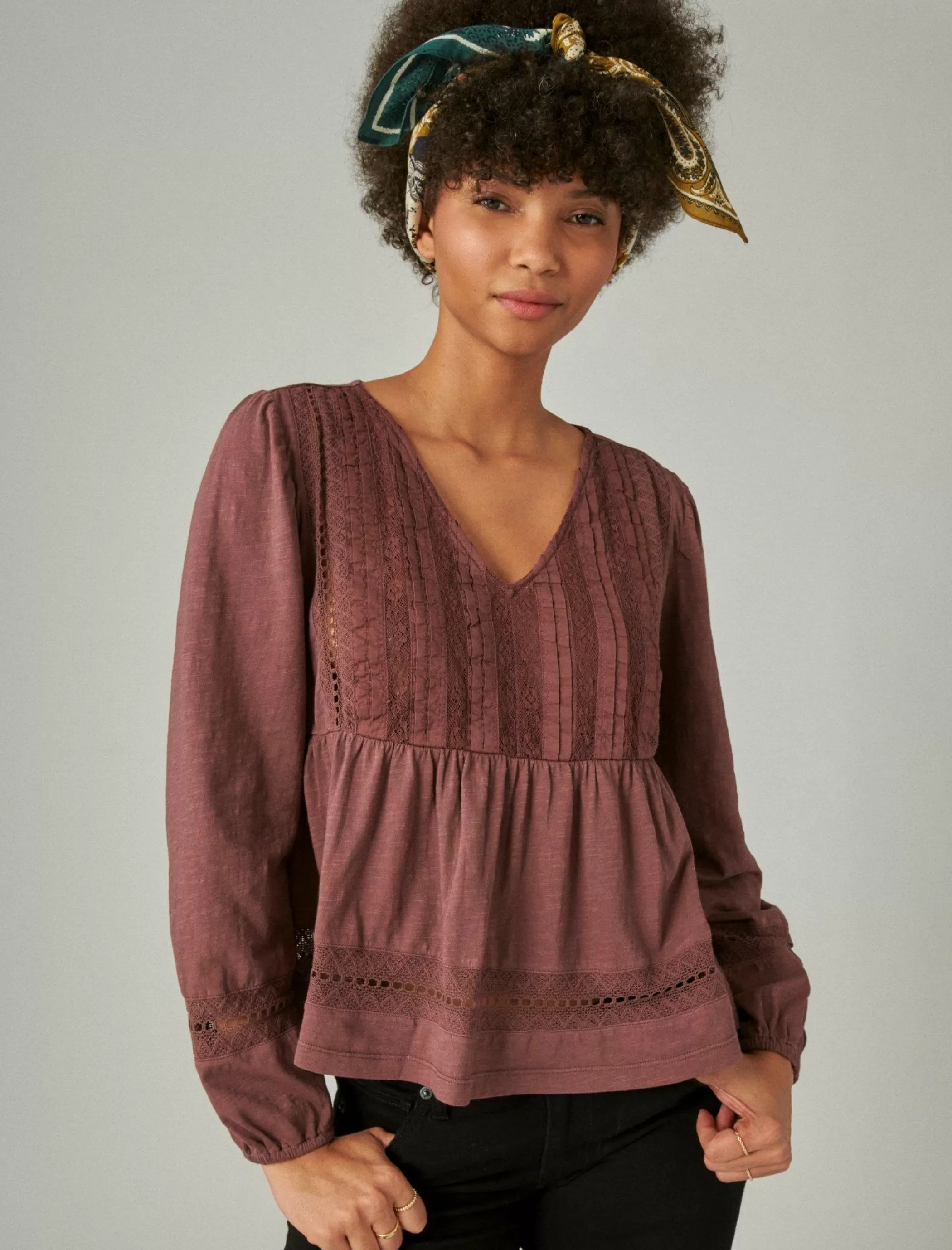 Lucky Brand Knit Tops*pintuck lace long sleeve top huckleberry