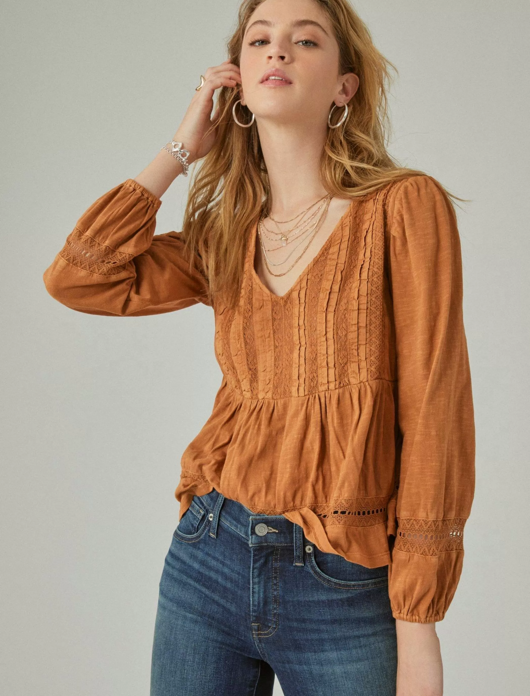 Lucky Brand Knit Tops*pintuck lace long sleeve top glazed ginger