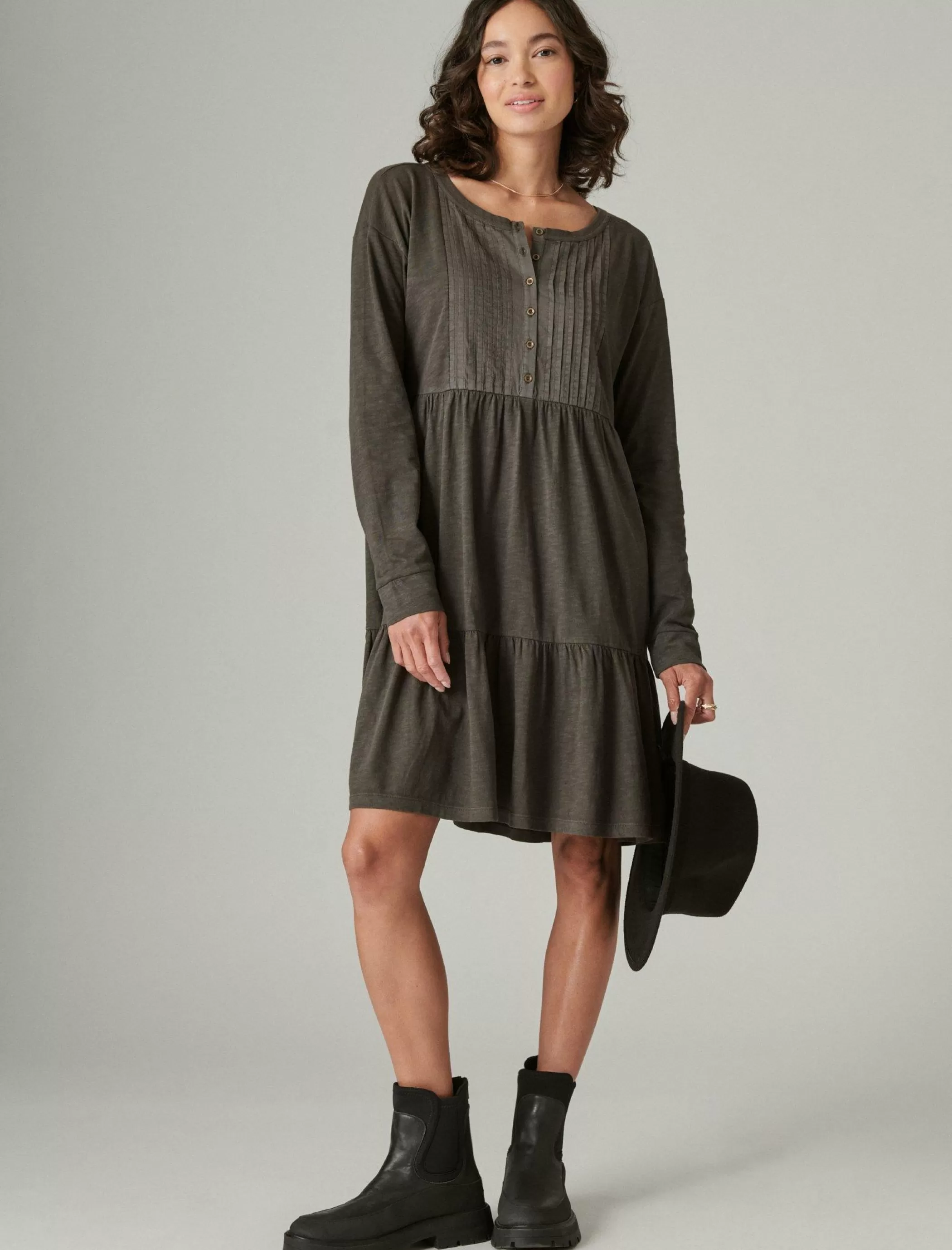 Lucky Brand Dresses*pintuck tiered knit henley dress raven