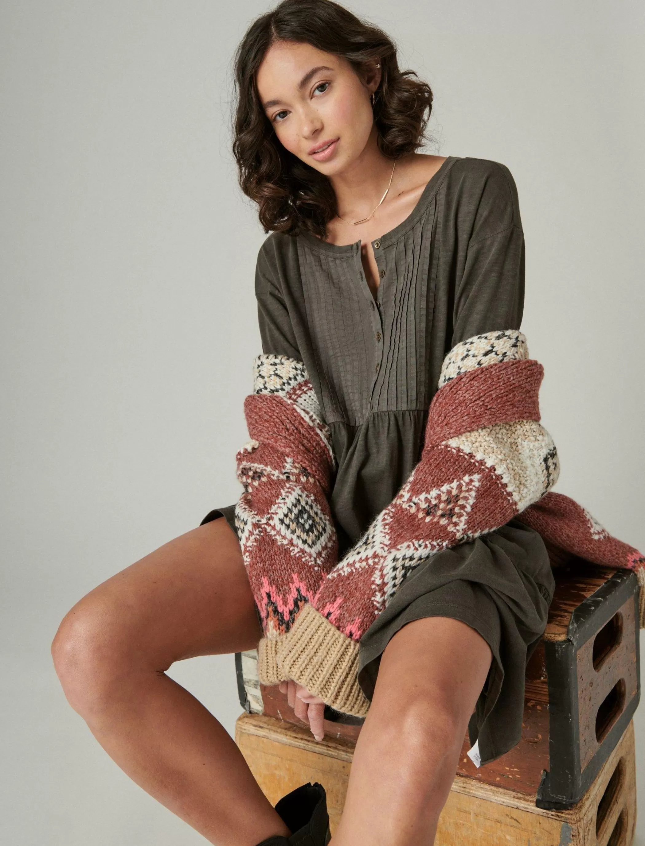 Lucky Brand Dresses*pintuck tiered knit henley dress raven