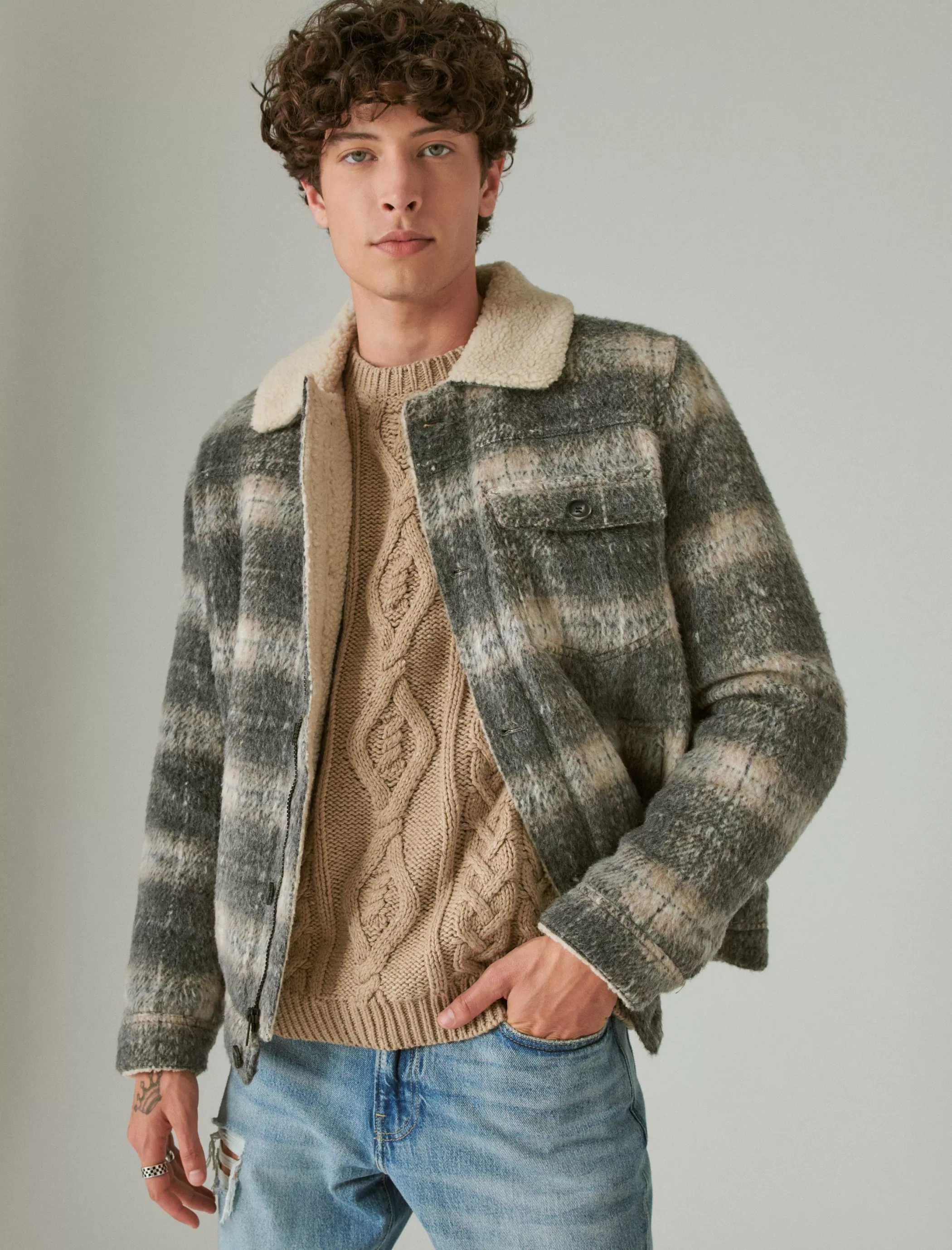 Lucky Brand Jackets & Outerwear*plaid faux shearling lined trucker jacket grey plaid