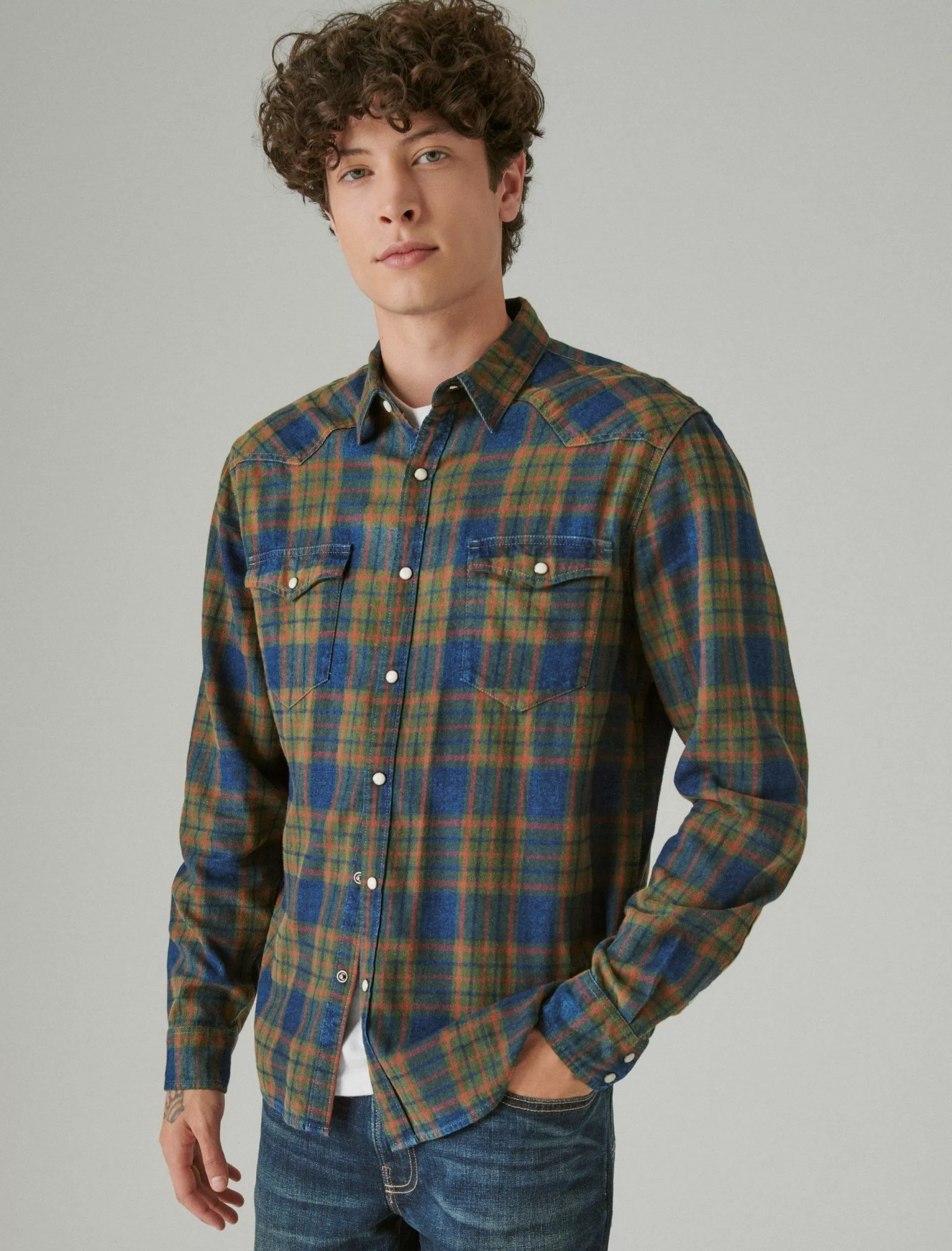 Lucky Brand Button-Downs*plaid indigo western long sleeve shirt green plaid