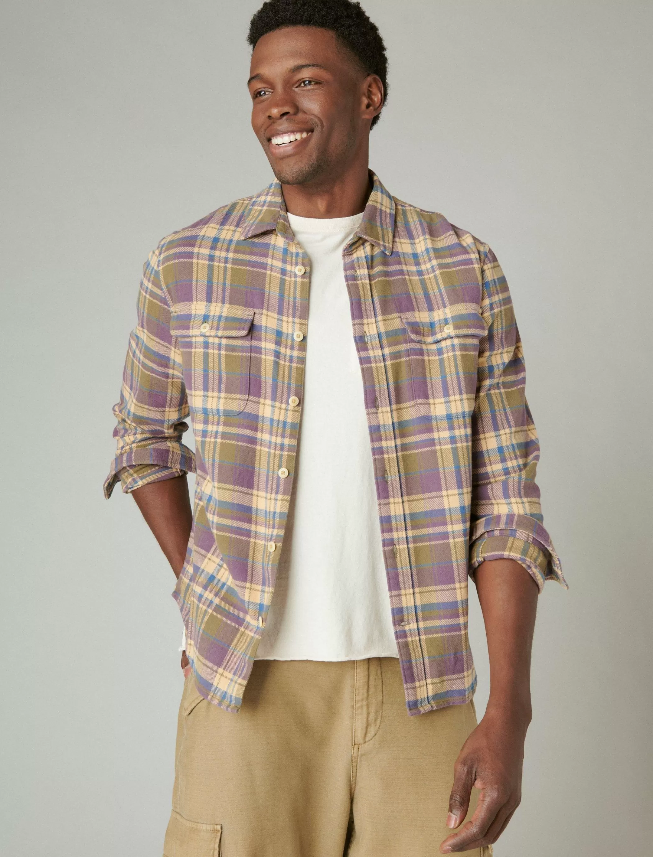 Lucky Brand Button-Downs*plaid utility cloud soft long sleeve flannel olive multi