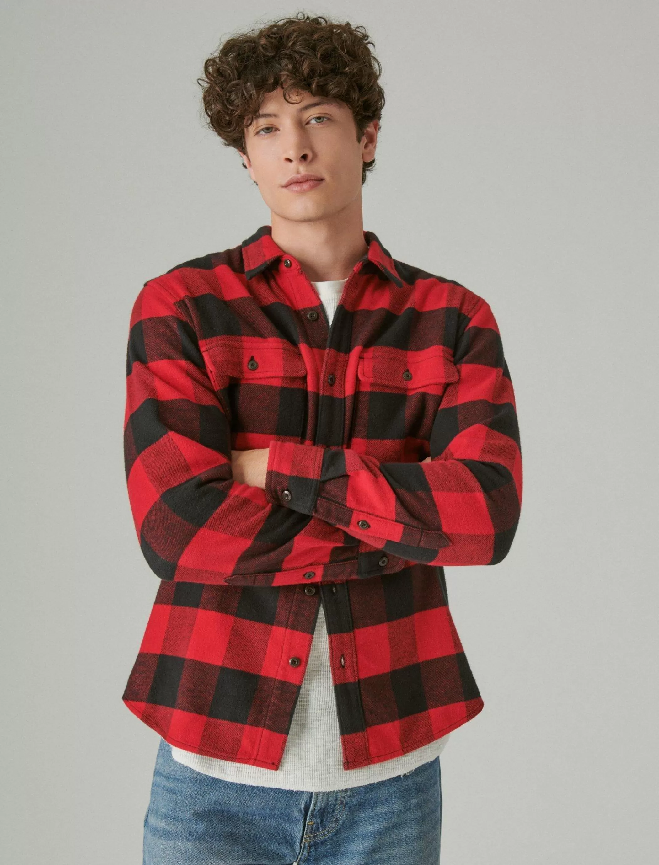 Lucky Brand Button-Downs*plaid utility cloud soft long sleeve flannel red/black plaid