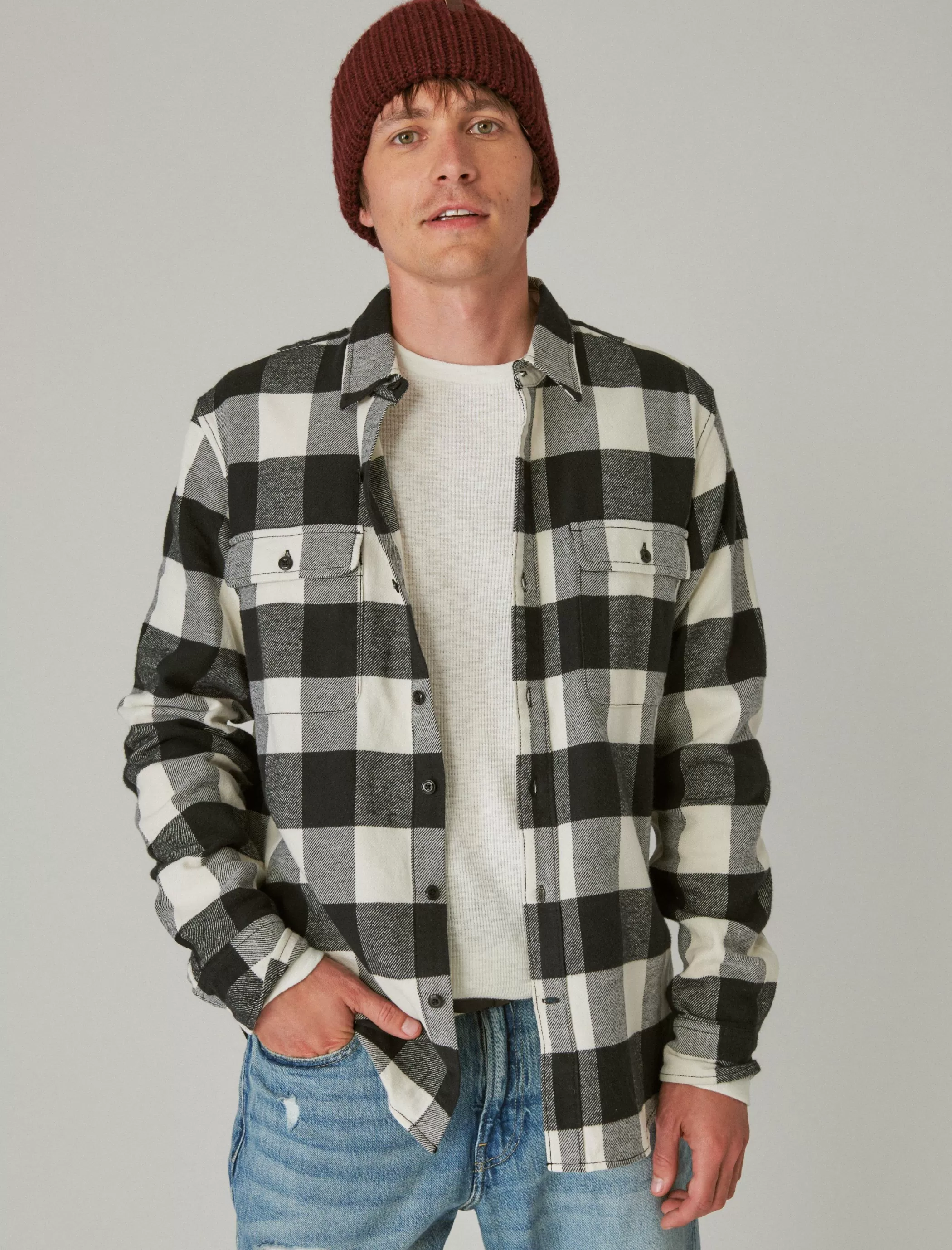 Lucky Brand Button-Downs*plaid utility cloud soft long sleeve flannel black cream plaid