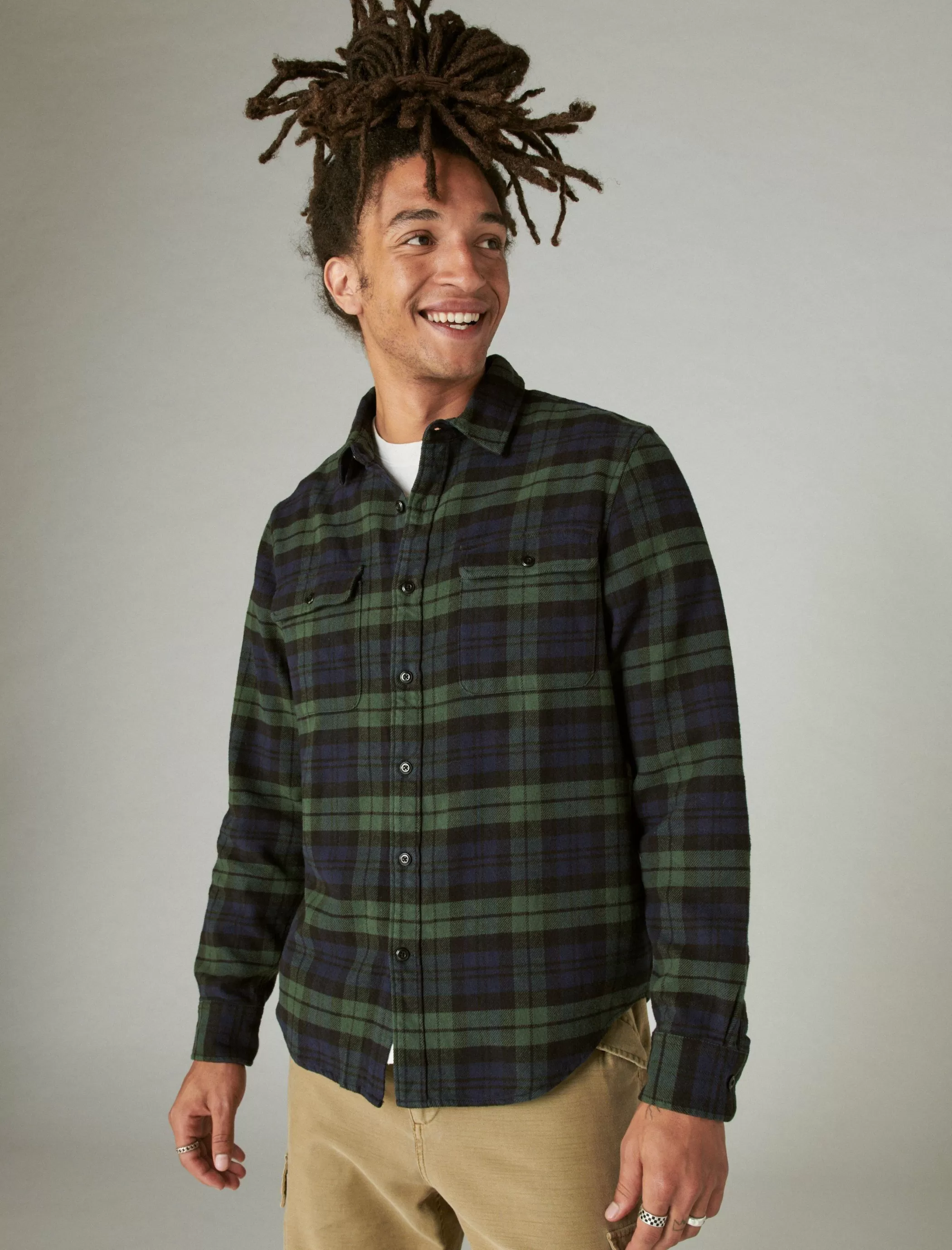 Lucky Brand Button-Downs*plaid utility cloud soft long sleeve flannel navy / green plaid