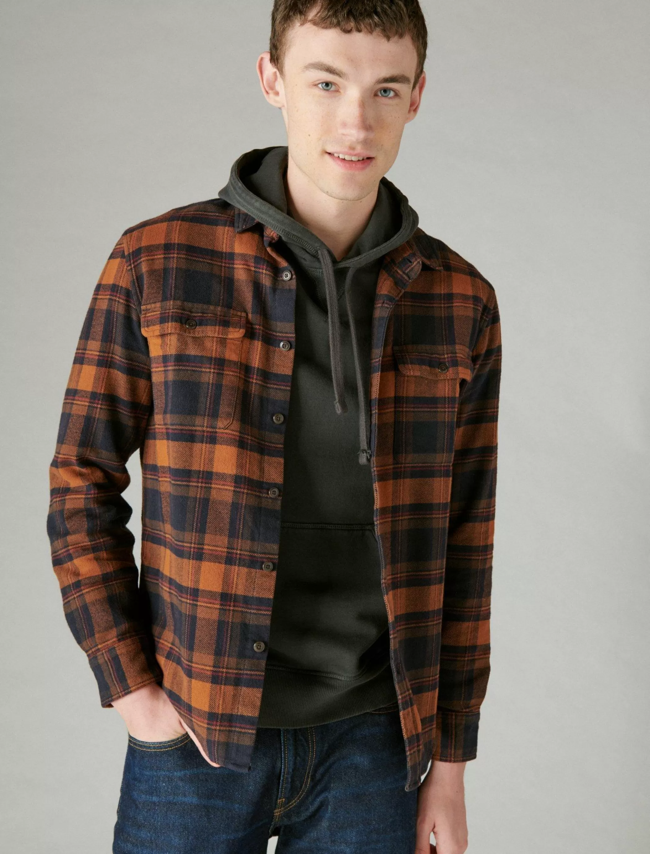 Lucky Brand Button-Downs*plaid utility cloud soft long sleeve flannel navy/orange