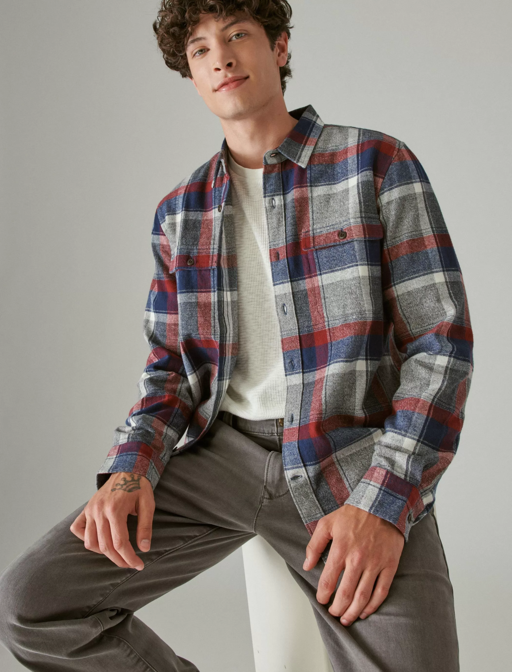 Lucky Brand Button-Downs*plaid utility long sleeve flannel grey/red/blue