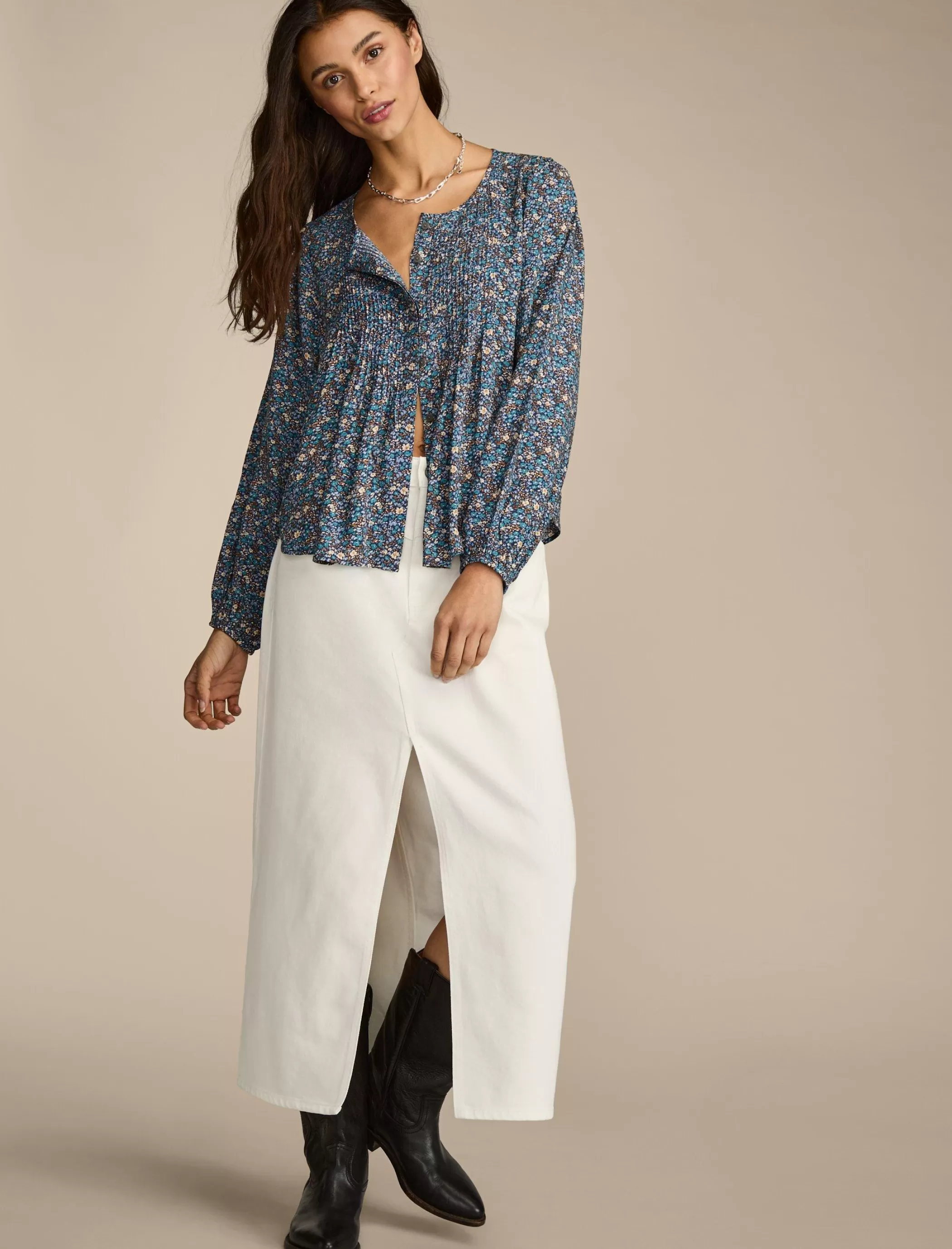 Lucky Brand Blouses*printed button down pintuck top indigo multi