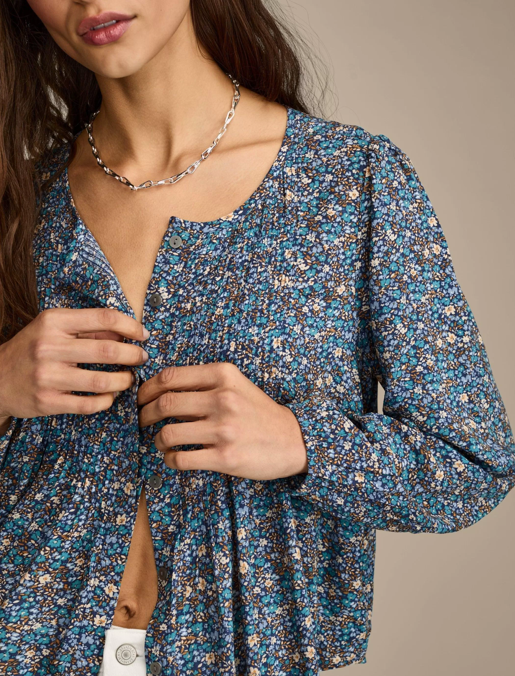 Lucky Brand Blouses*printed button down pintuck top indigo multi