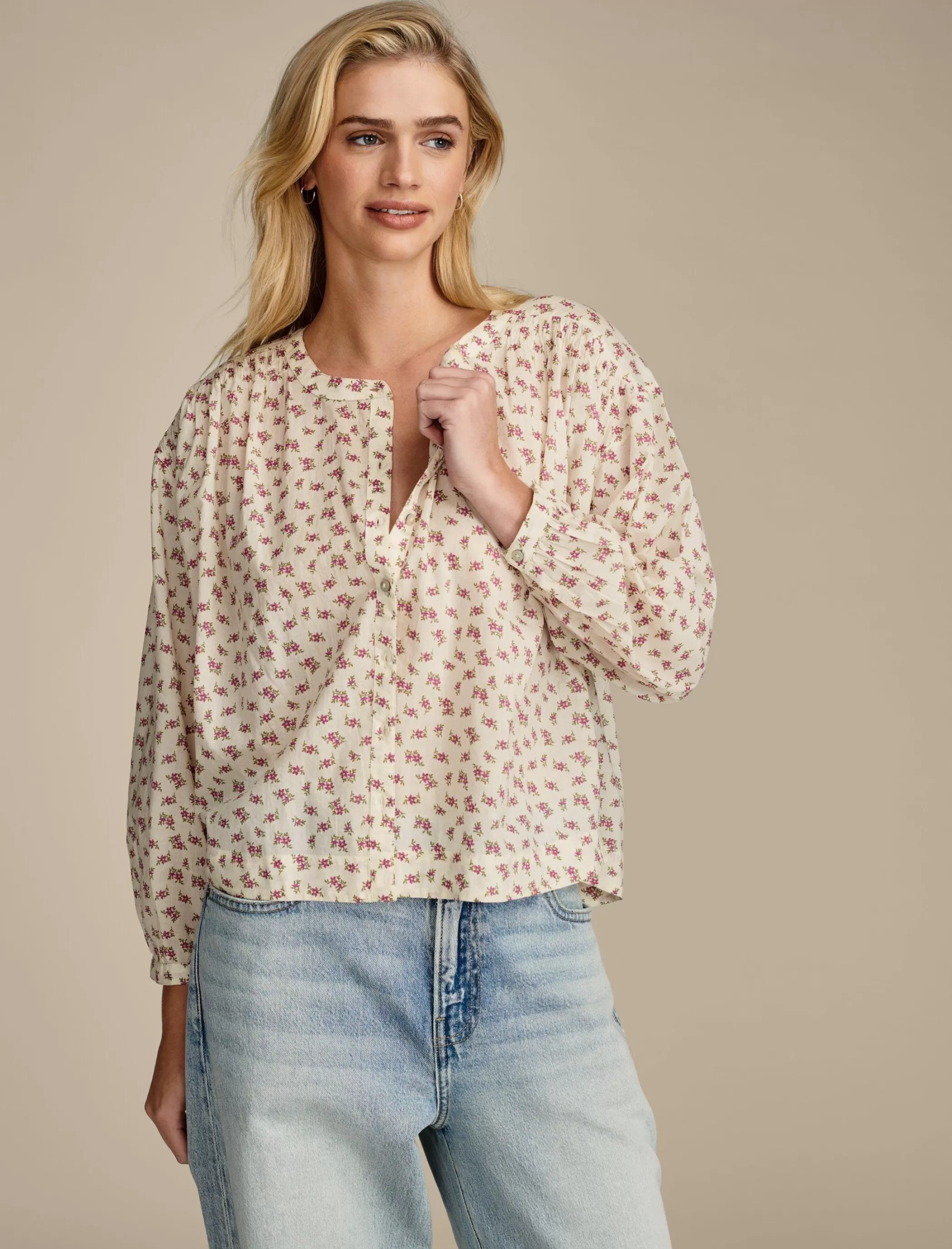 Lucky Brand Blouses*printed smocked detail blouse egret multi