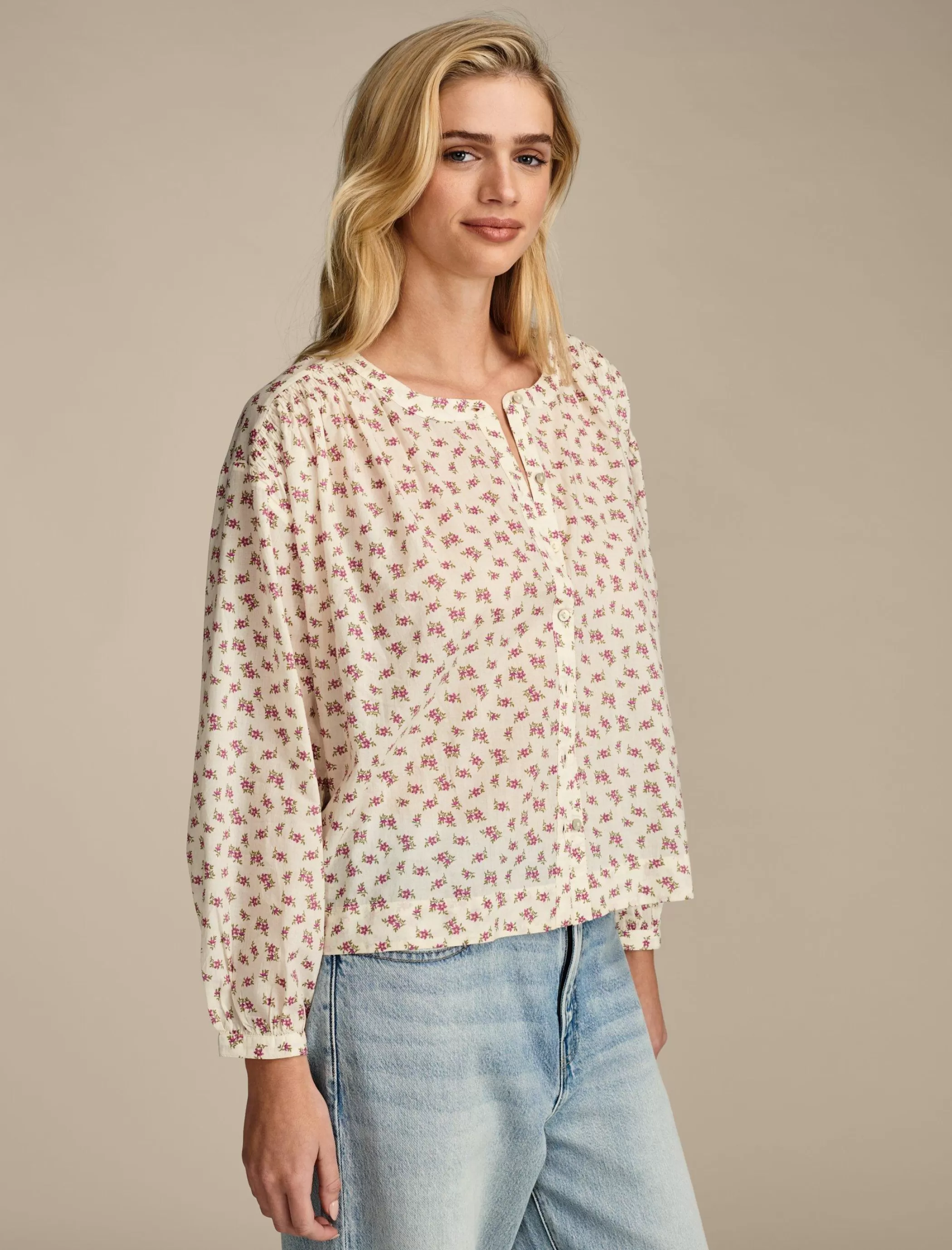 Lucky Brand Blouses*printed smocked detail blouse egret multi