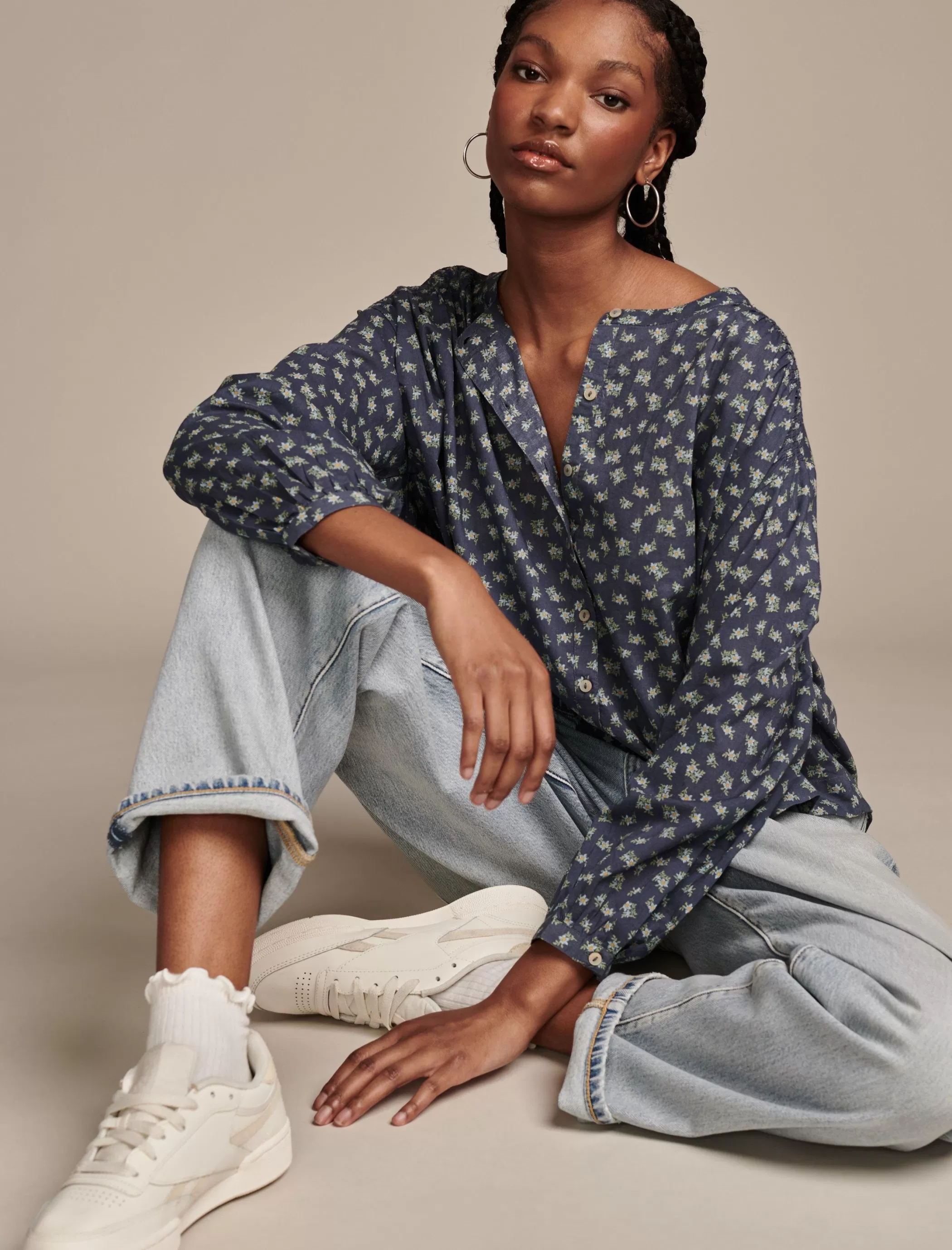 Lucky Brand Blouses*printed smocked detail blouse navy multi