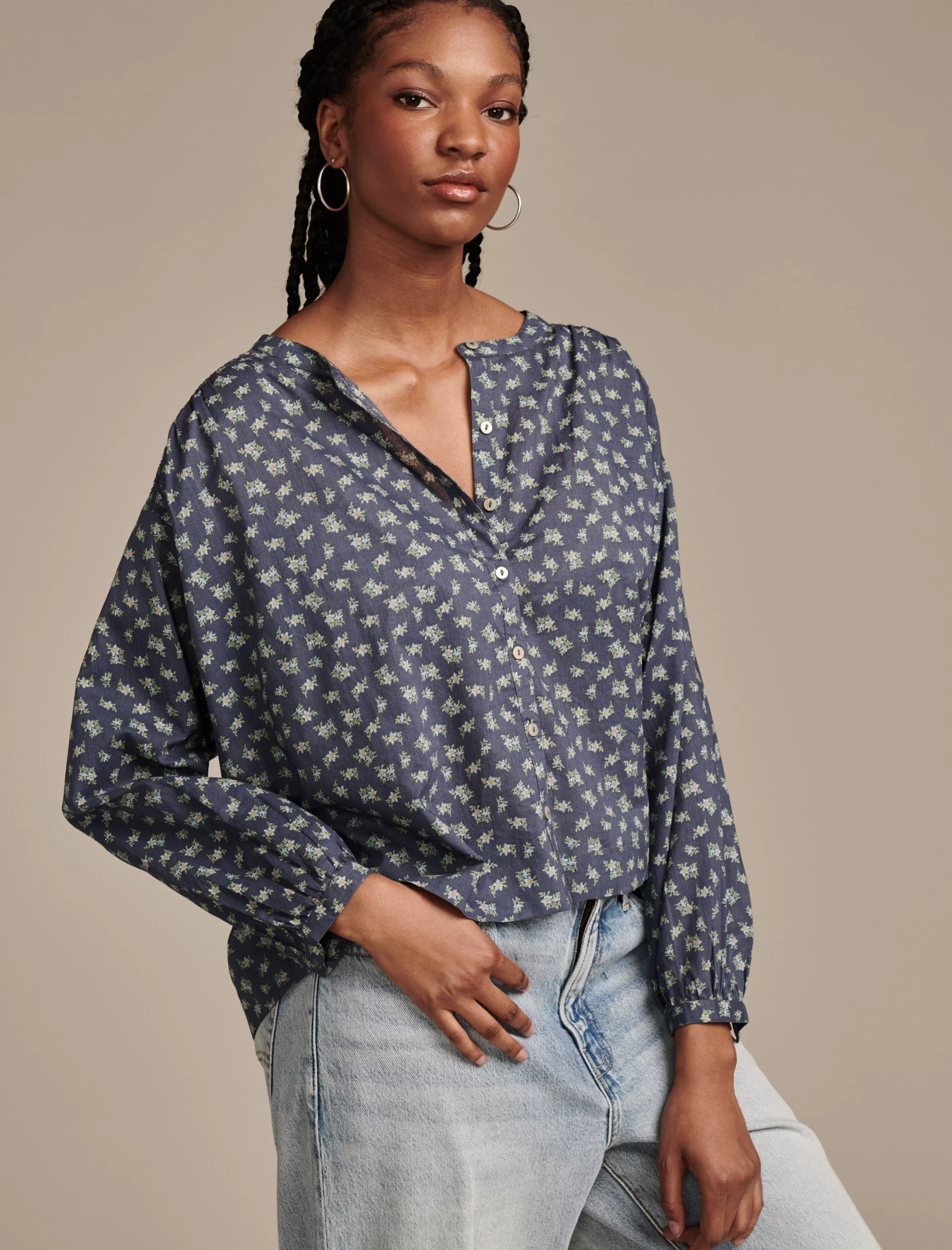 Lucky Brand Blouses*printed smocked detail blouse navy multi