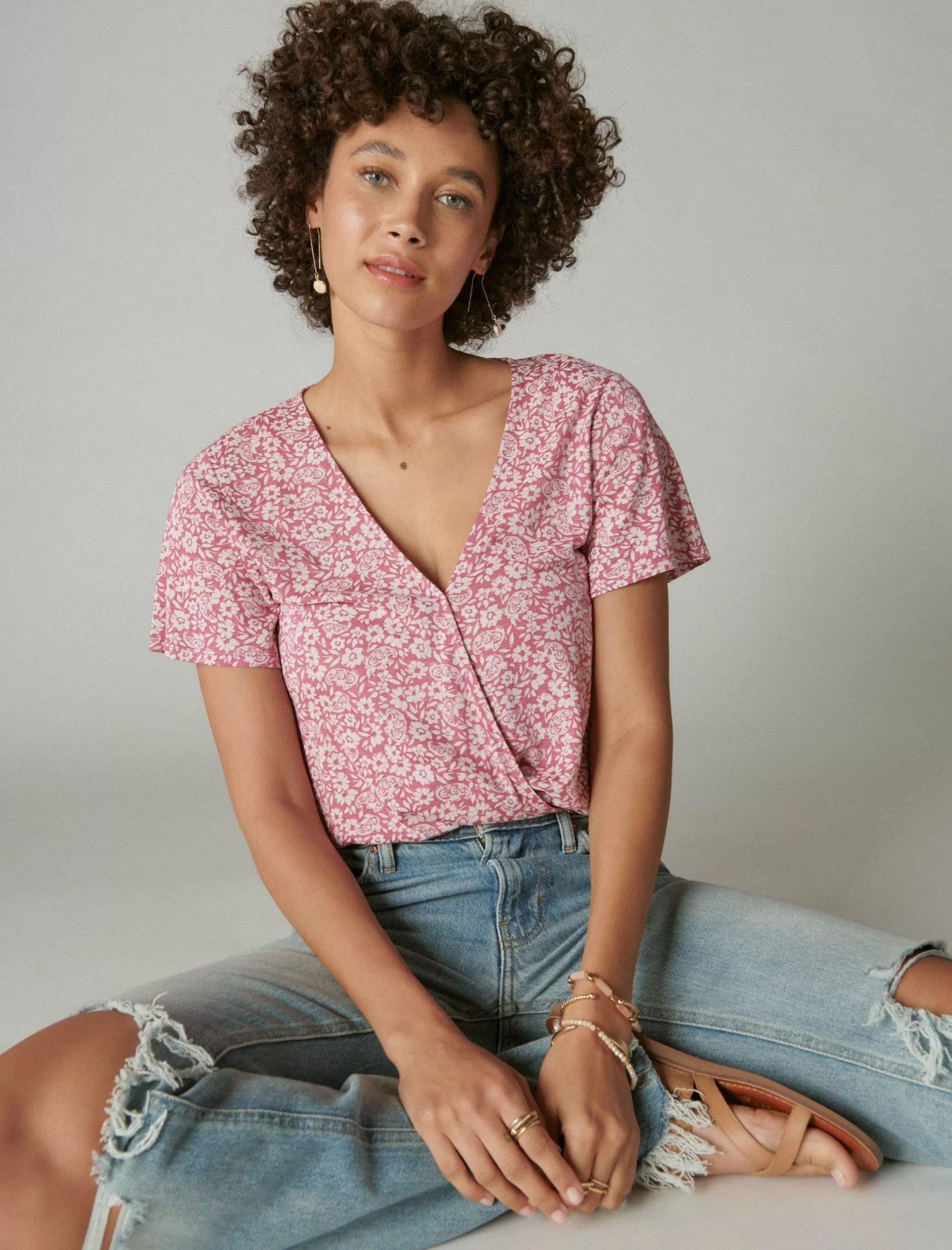 Lucky Brand Knit Tops*printed surplice top pink multi