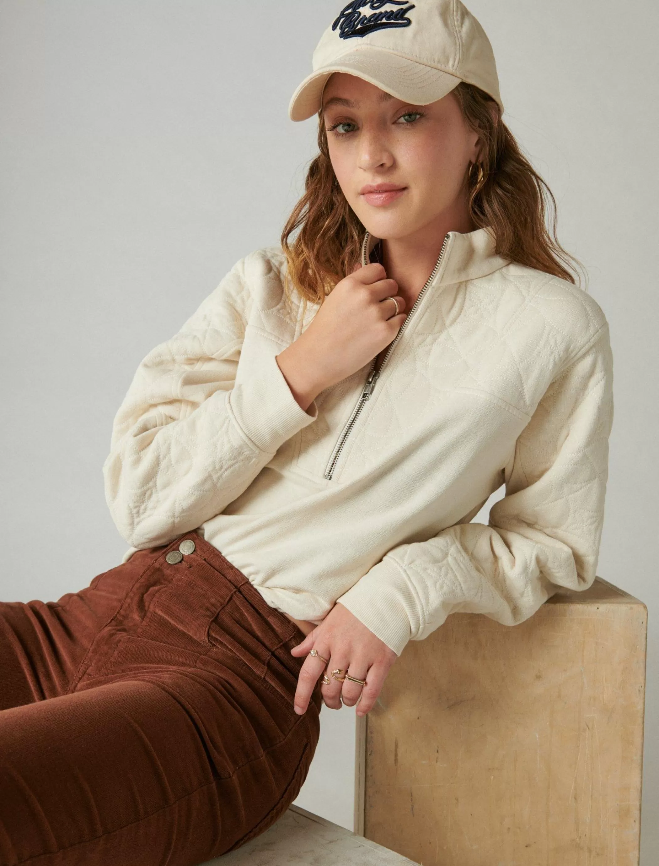 Lucky Brand Activewear*quilted half zip popover eggnog