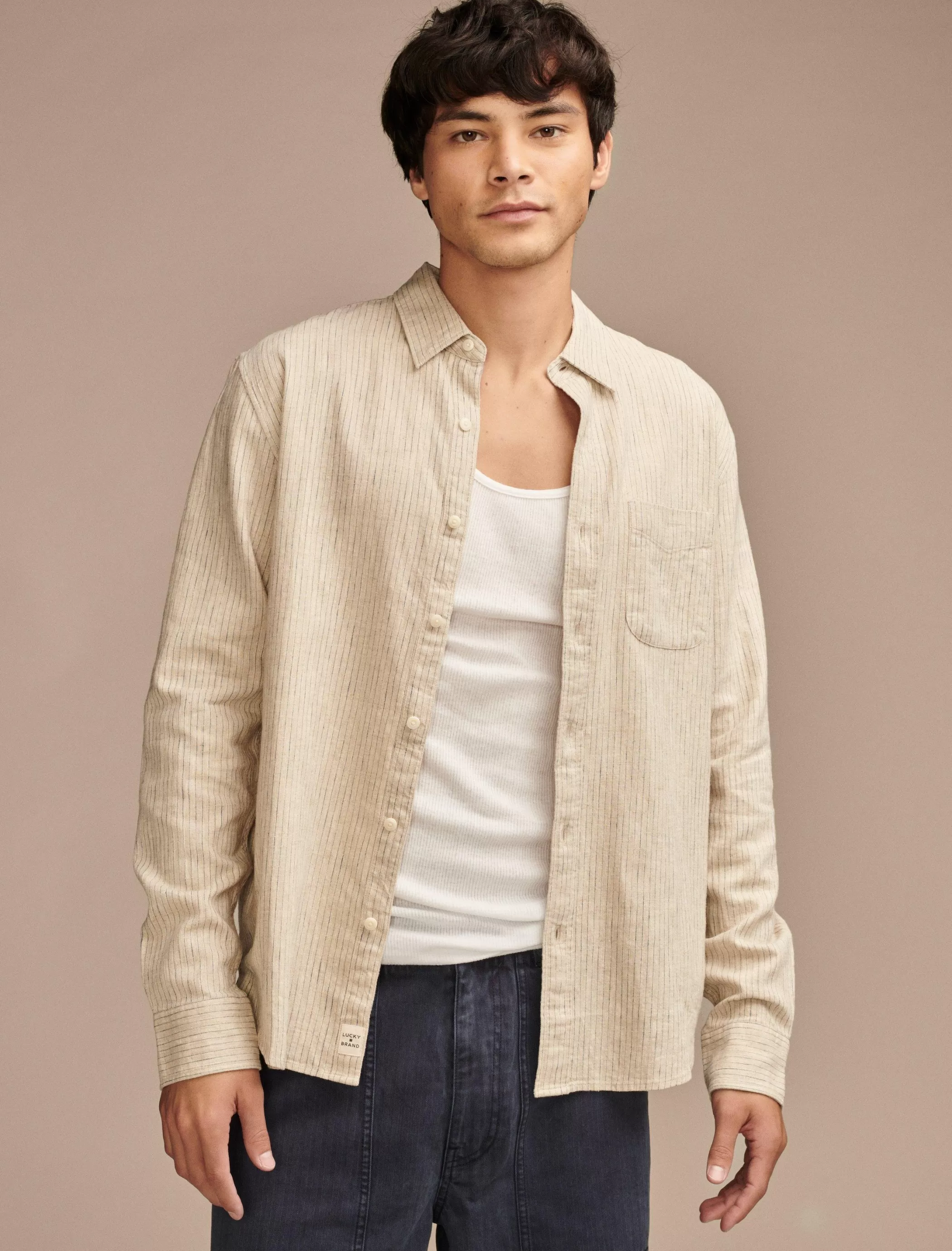 Lucky Brand Button-Downs*railroad stripe linen one pocket long sleeve shirt natural stripe