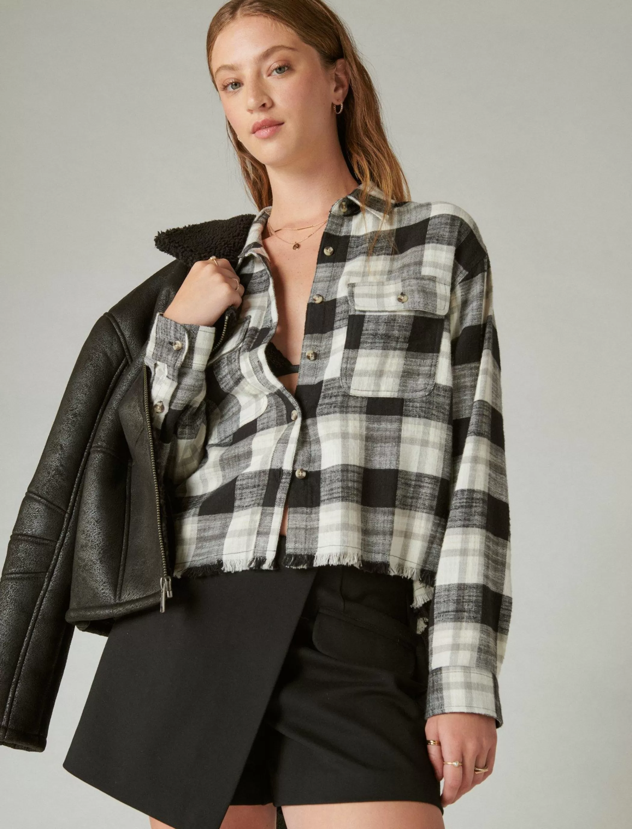 Lucky Brand Blouses*raw edge cropped plaid lucky black plaid