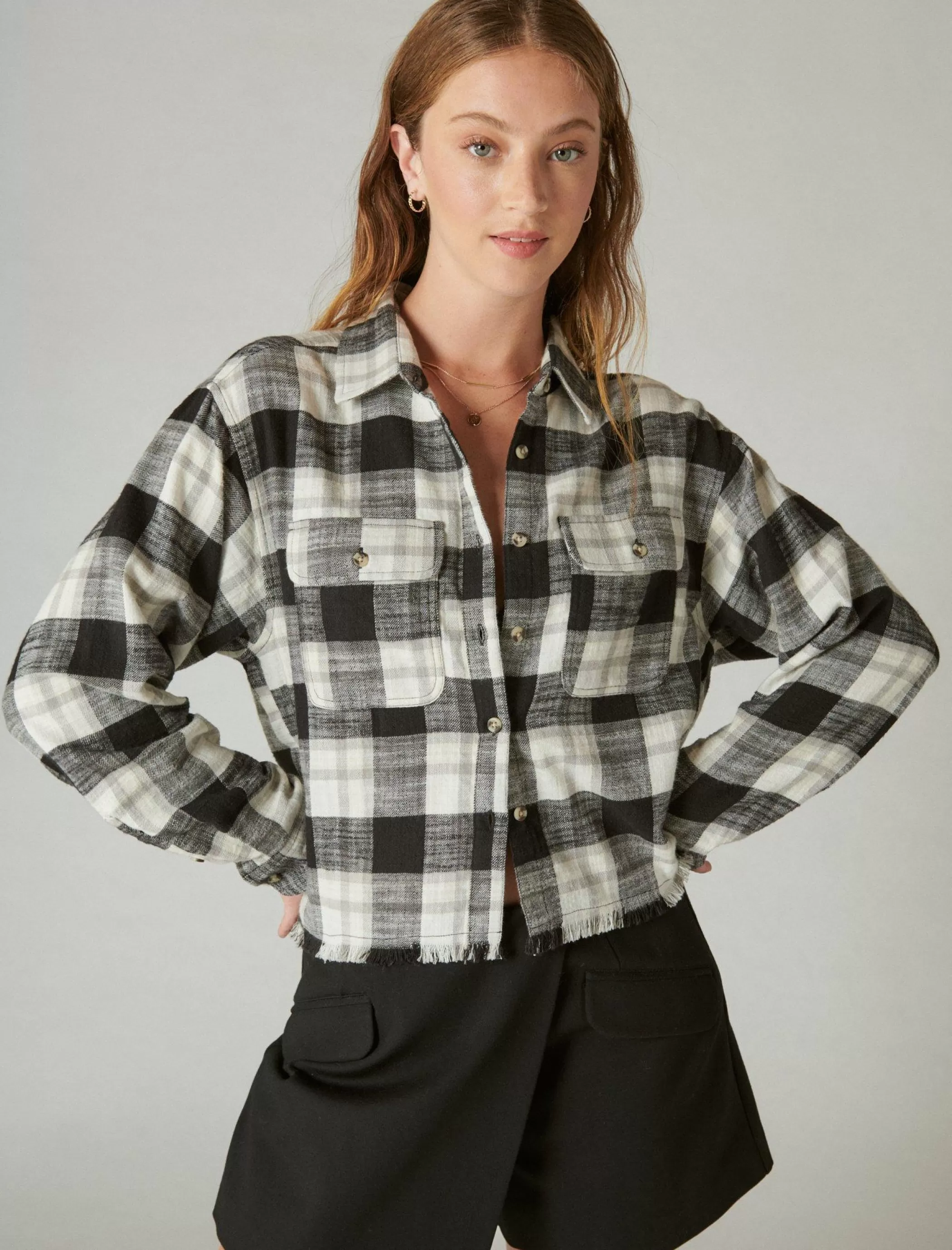 Lucky Brand Blouses*raw edge cropped plaid lucky black plaid