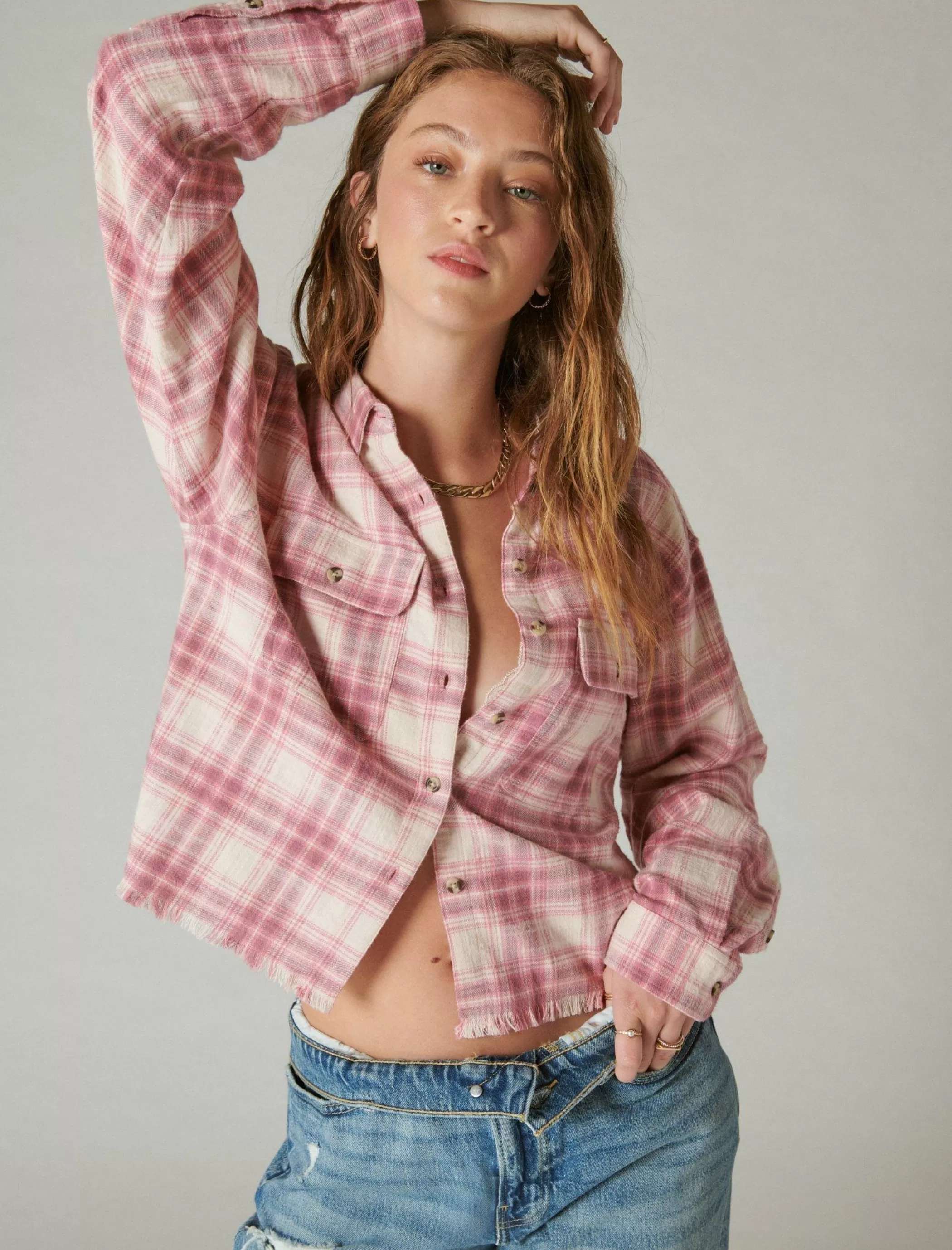 Lucky Brand Blouses*raw edge cropped plaid pink blush plaid