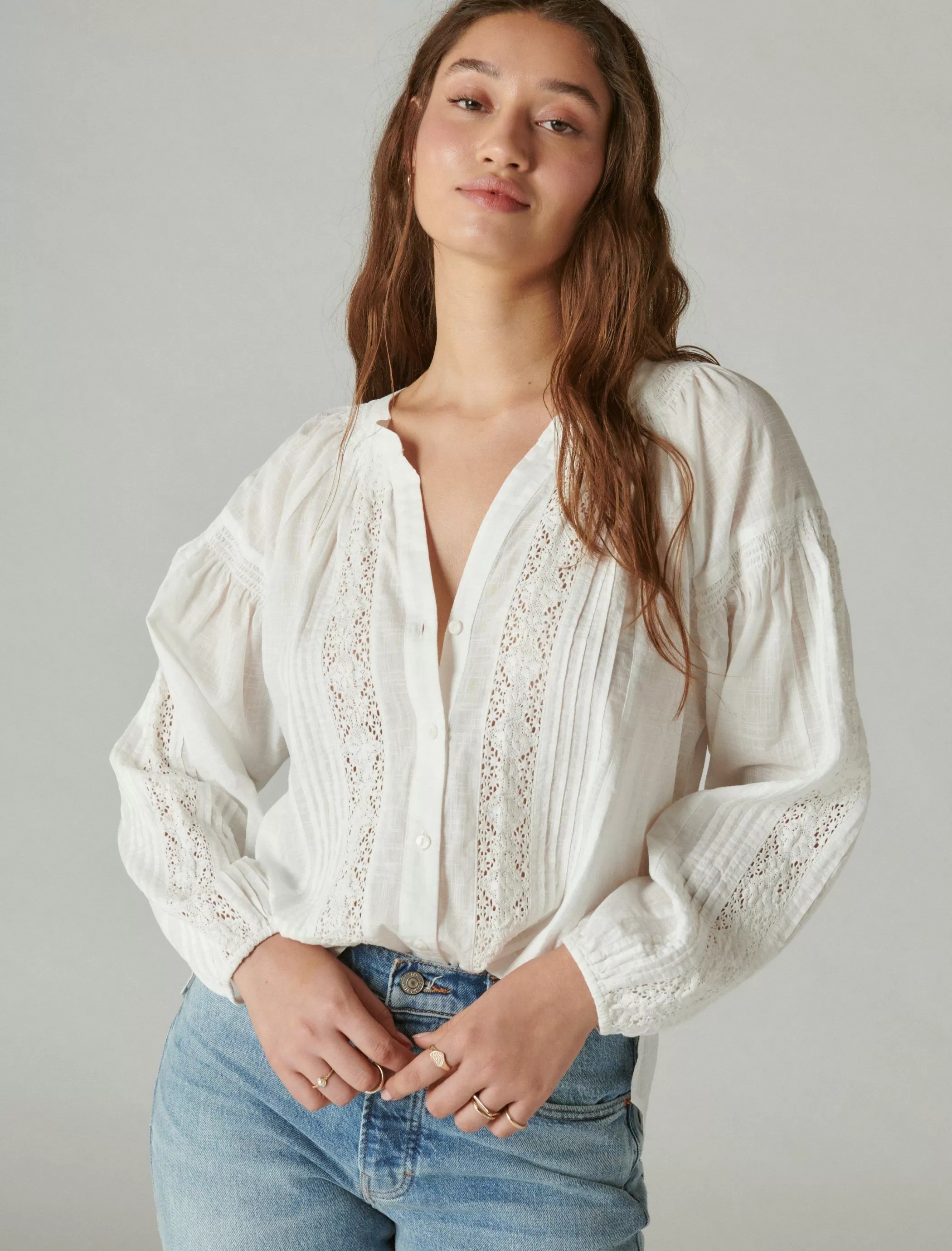 Lucky Brand Blouses*relaxed lace open neckshirt bright white