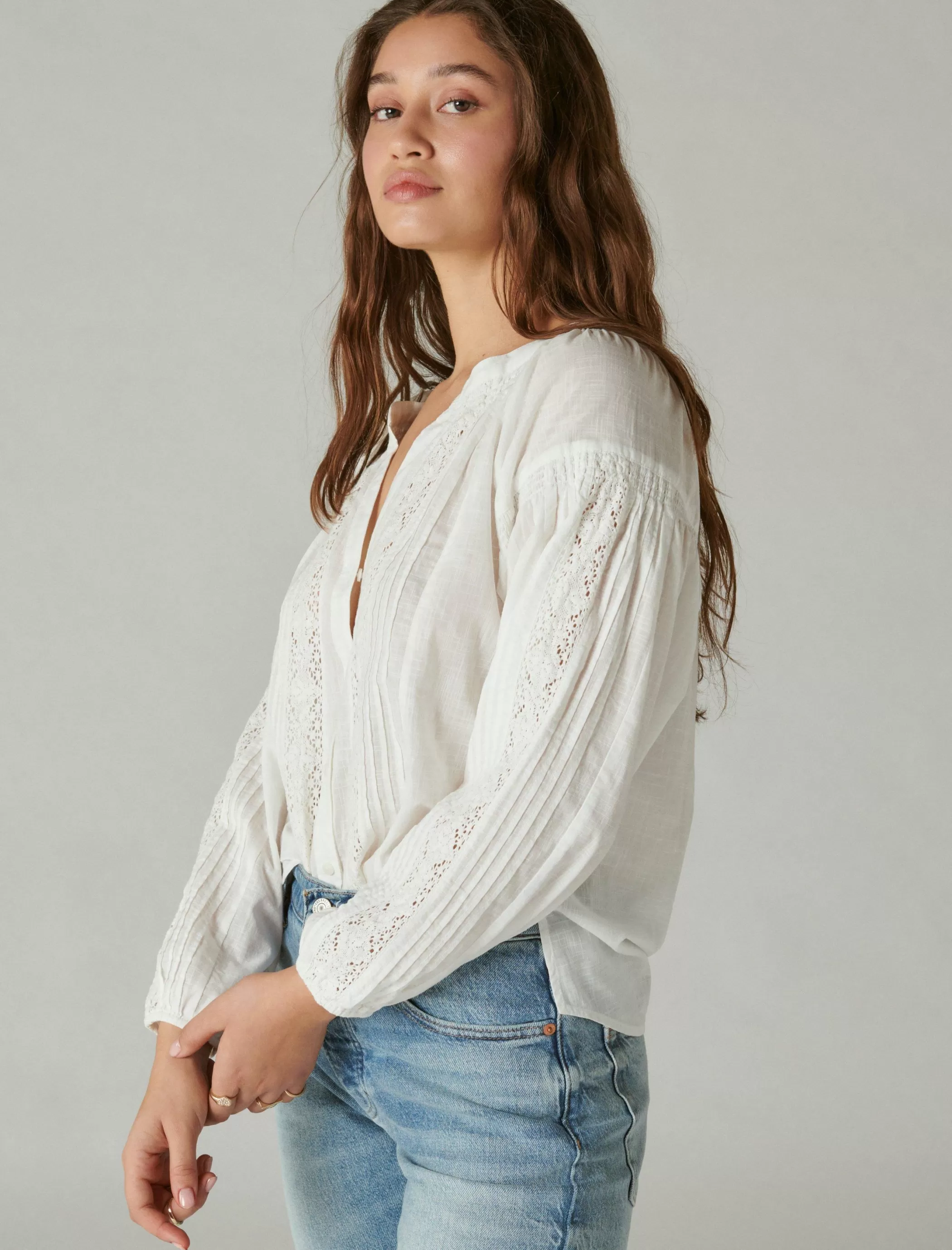 Lucky Brand Blouses*relaxed lace open neckshirt bright white